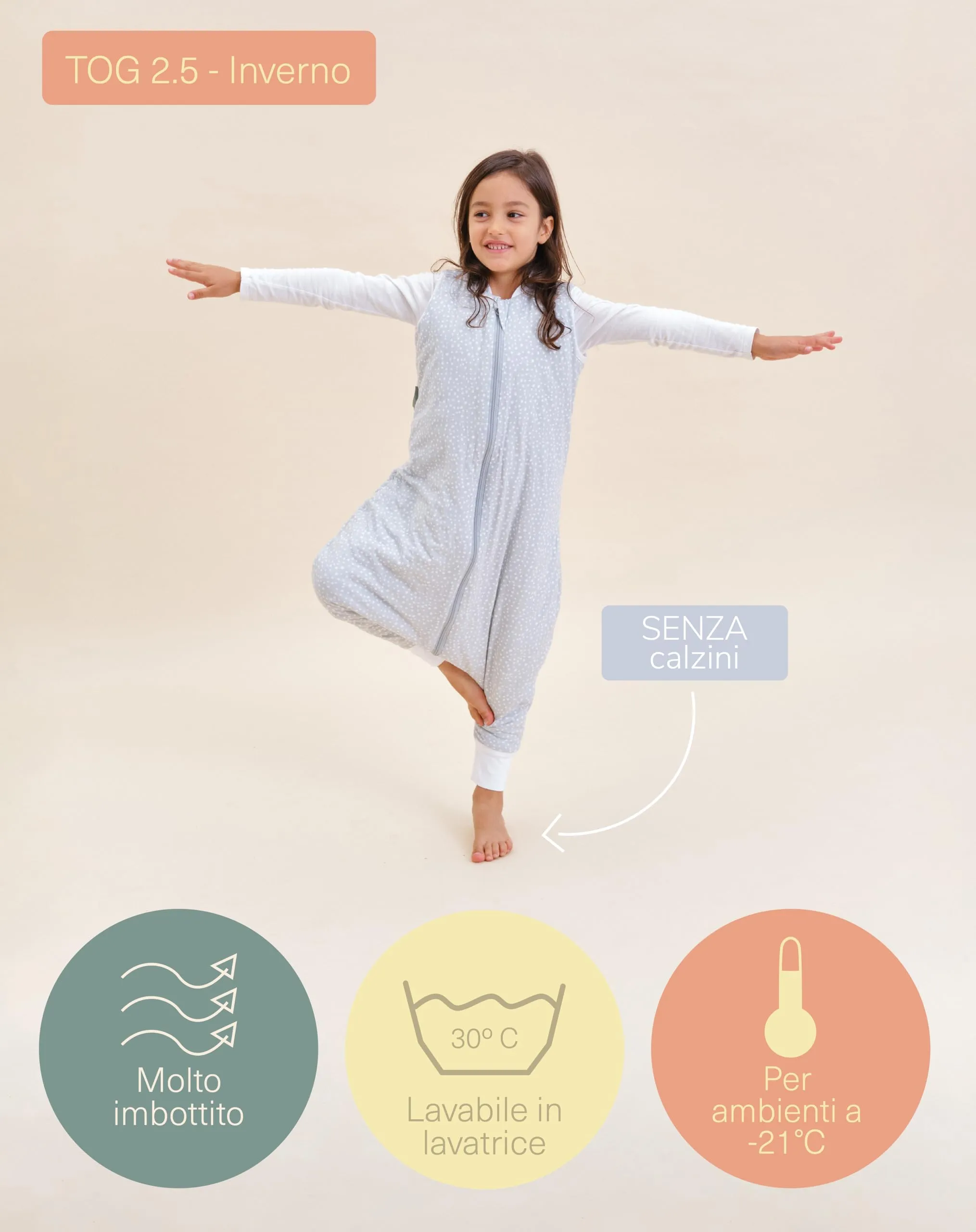 molis & co Sacco Nanna Imbottito con Piedini 2.5 TOG, 100% Cotone, Grey Print, 2 Anni - immagine 4