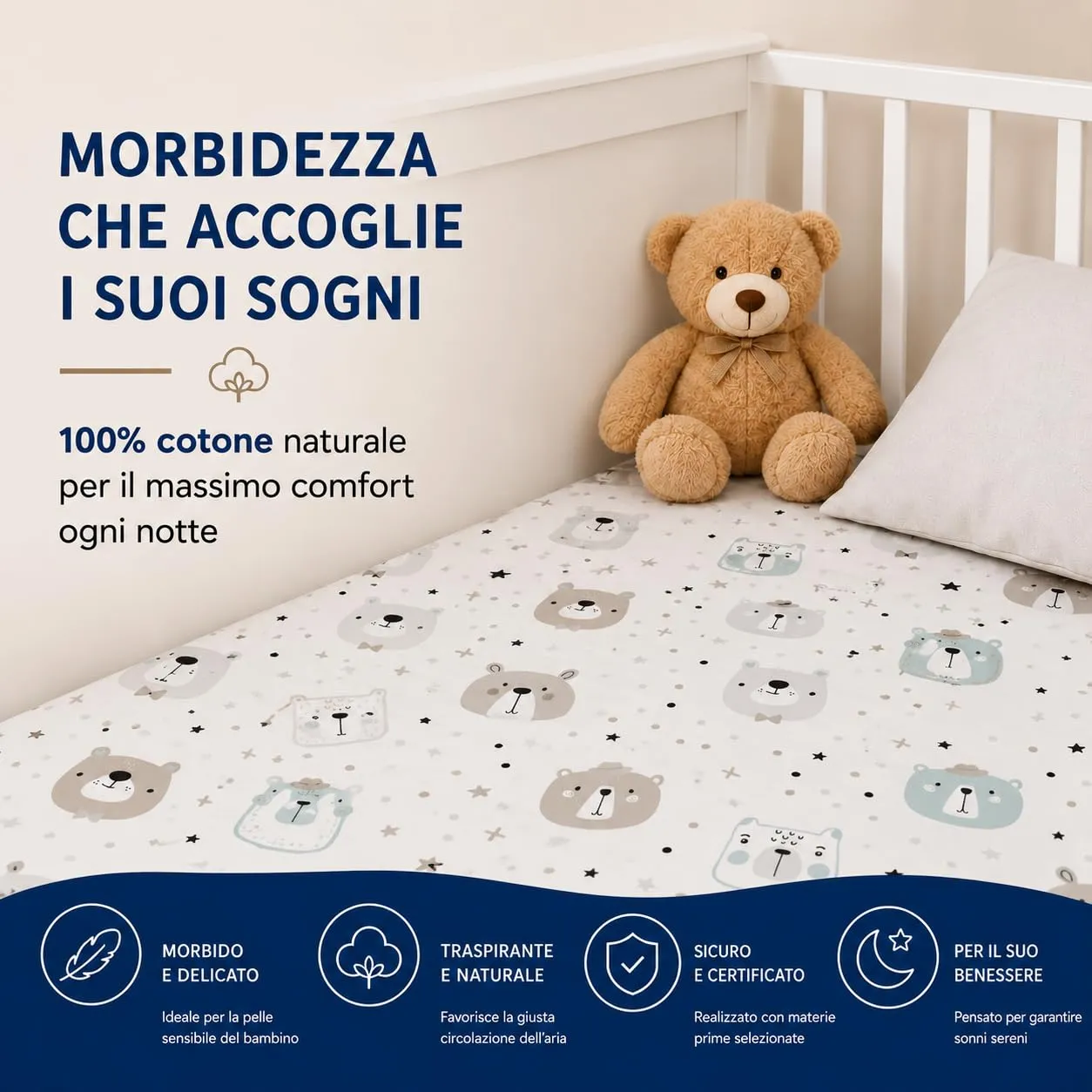 FlyIdeas Set 2 Lenzuola con Angoli per Culla Next to Me 50x83 cm, 100% Cotone, Cute Bears - immagine 3
