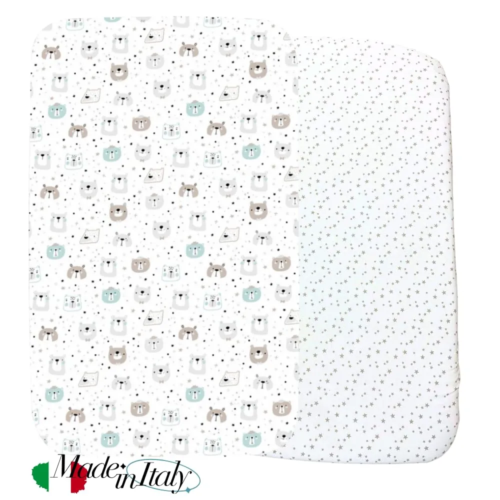 FlyIdeas Set 2 Lenzuola con Angoli per Navicella Neonato 75x35 cm, 100% Cotone, Cute Bears - immagine 2