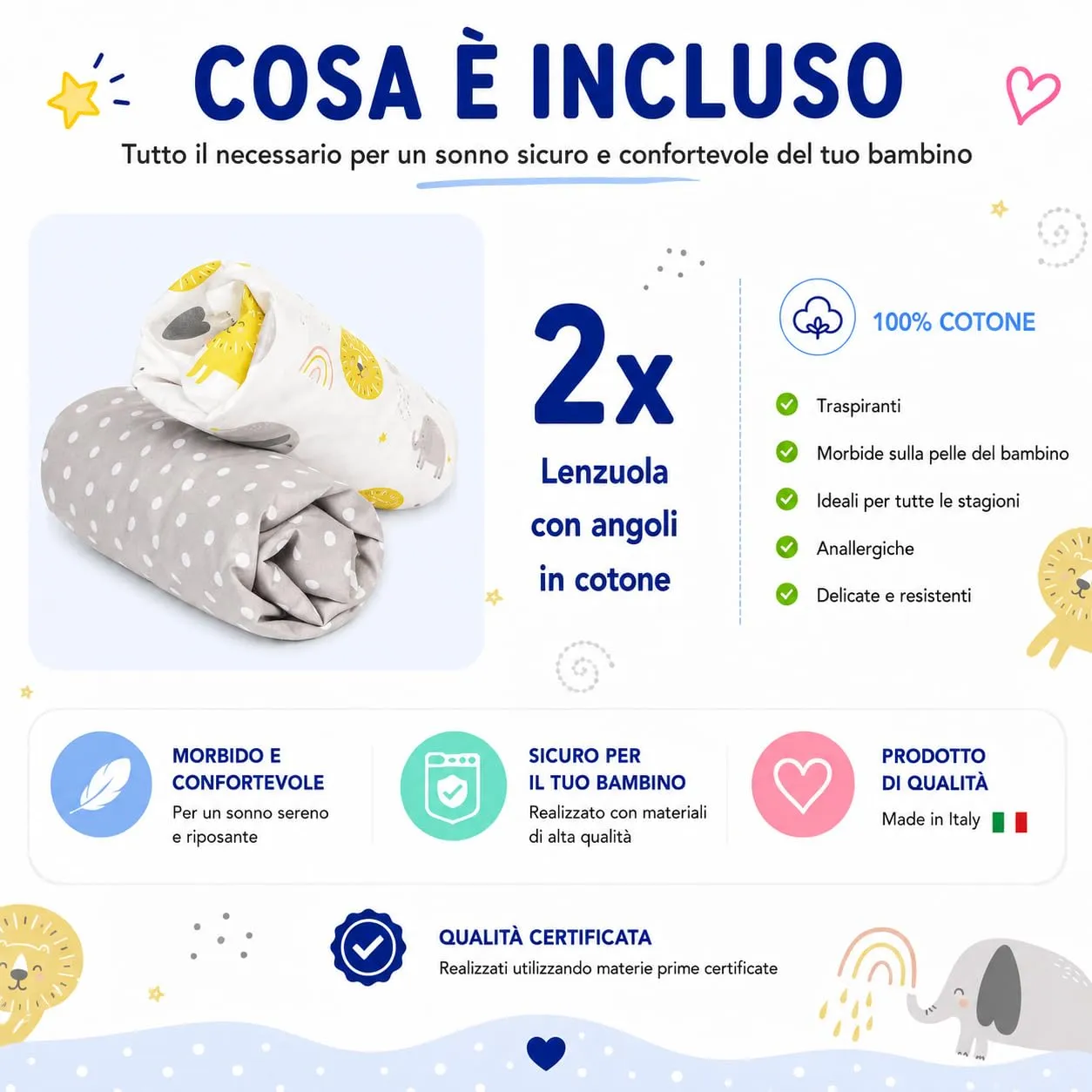 FlyIdeas Set 2 Lenzuola con Angoli 60x120 cm per Lettino Neonato, 100% Cotone, Animalier - immagine 11