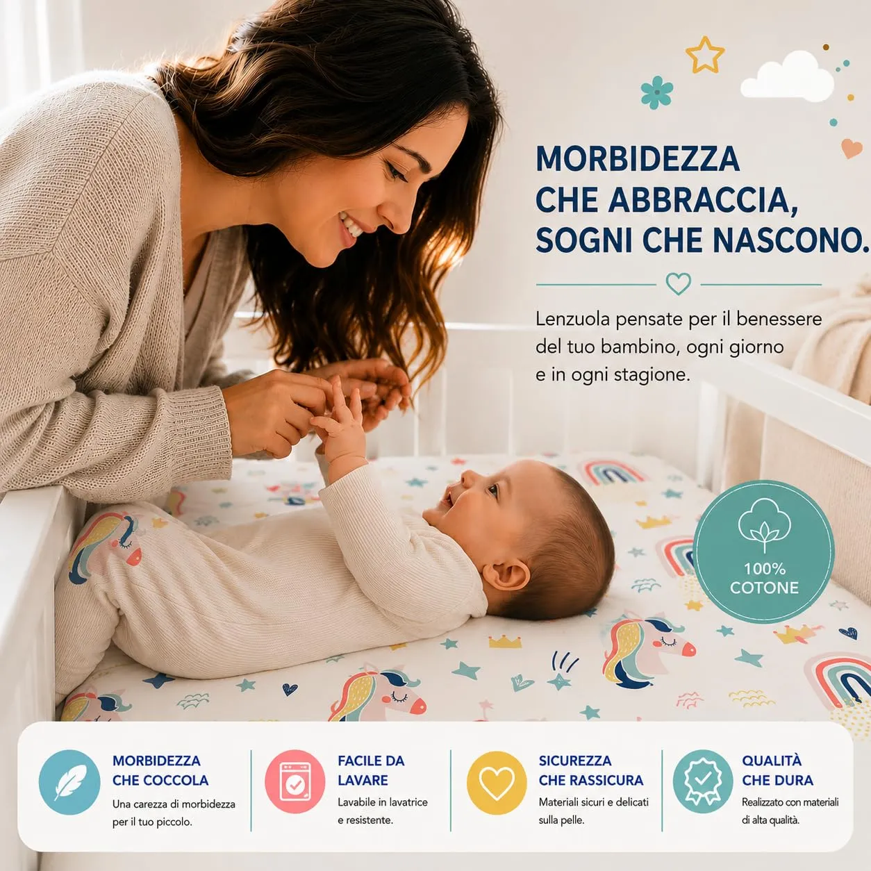FlyIdeas Set 2 Lenzuola con Angoli per Next to Me 50x83 cm, 100% Cotone, Unicorni - immagine 3