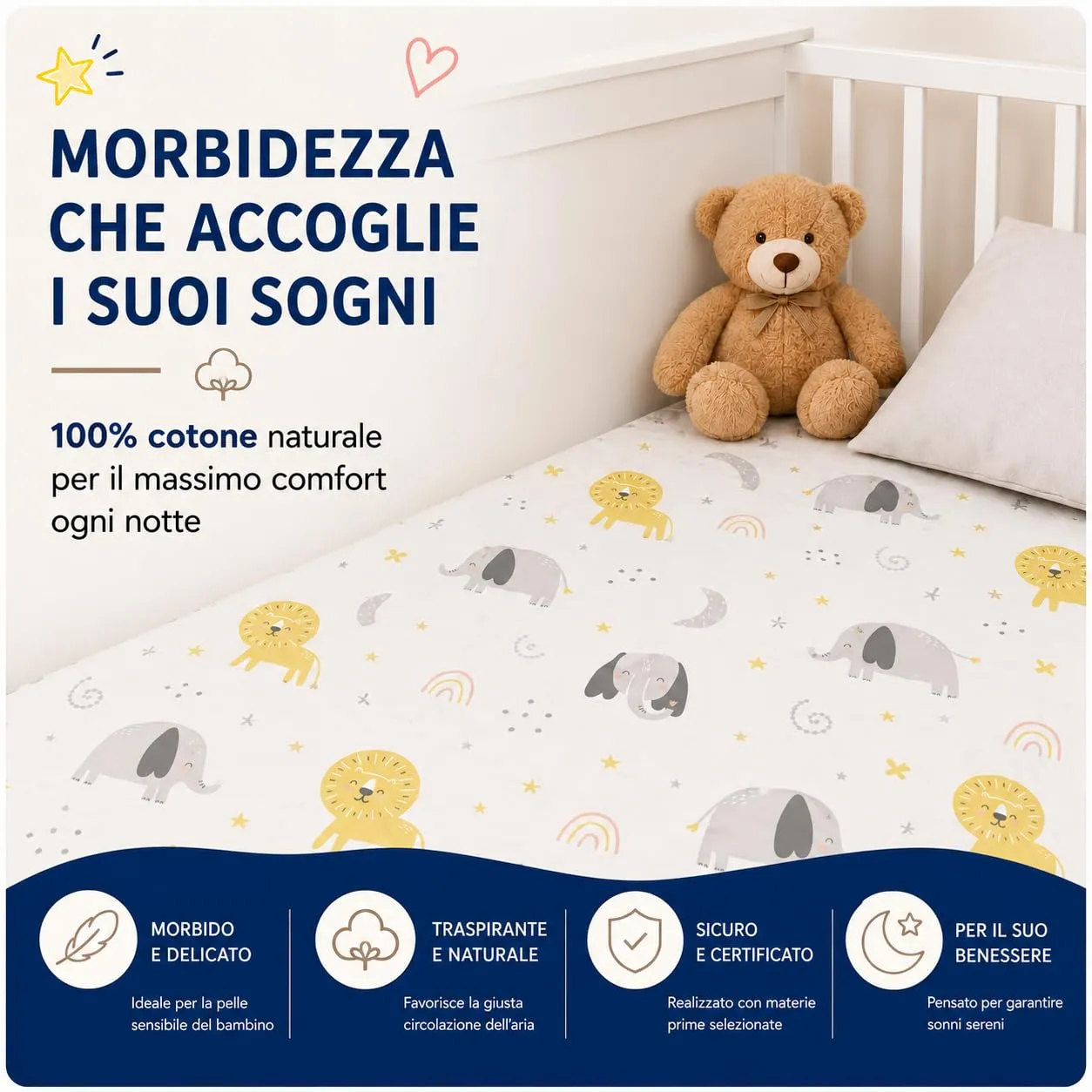 FlyIdeas Set 2 Lenzuola con Angoli per Culla Next to Me 50x83 cm, 100% Cotone, Animalier - immagine 8