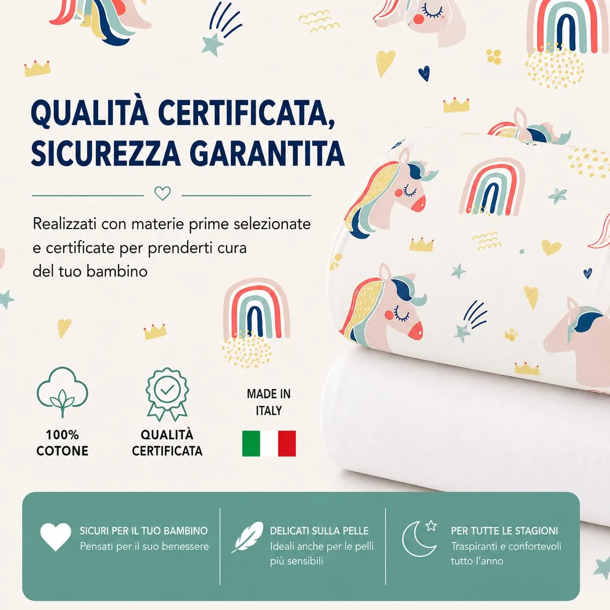 FlyIdeas Set 2 Lenzuola con Angoli per Carrozzina Navicella Neonato 75x35 cm, 100% Cotone, Unicorni - immagine 9