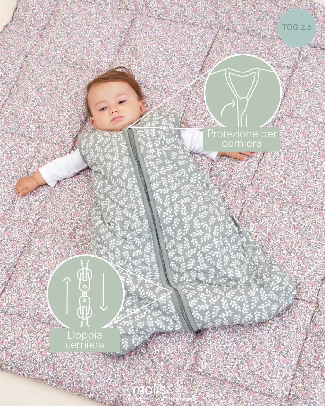 molis & co Sacco Nanna Invernale 2.5 TOG, 100% Cotone Oeko-TEX 100, Green Garden, 18-36 mesi - immagine 3