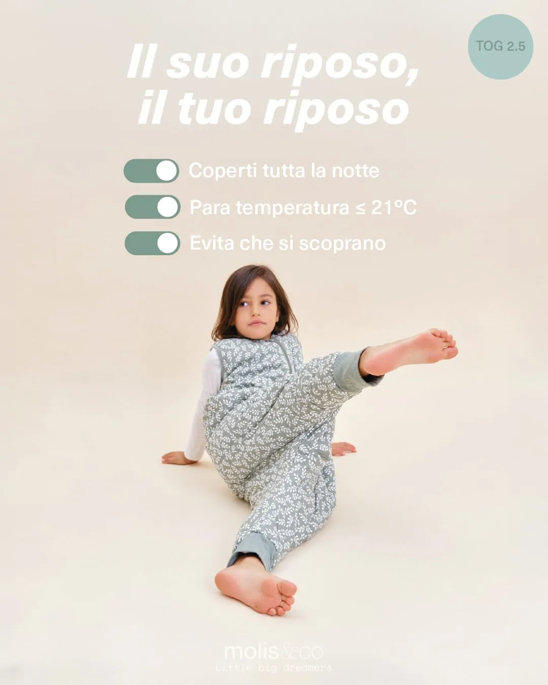 molis & co Sacco Nanna con Piedini Invernale 2.5 tog, 100% Cotone Oeko-Tex 100, Green Garden, 2 Anni - immagine 6