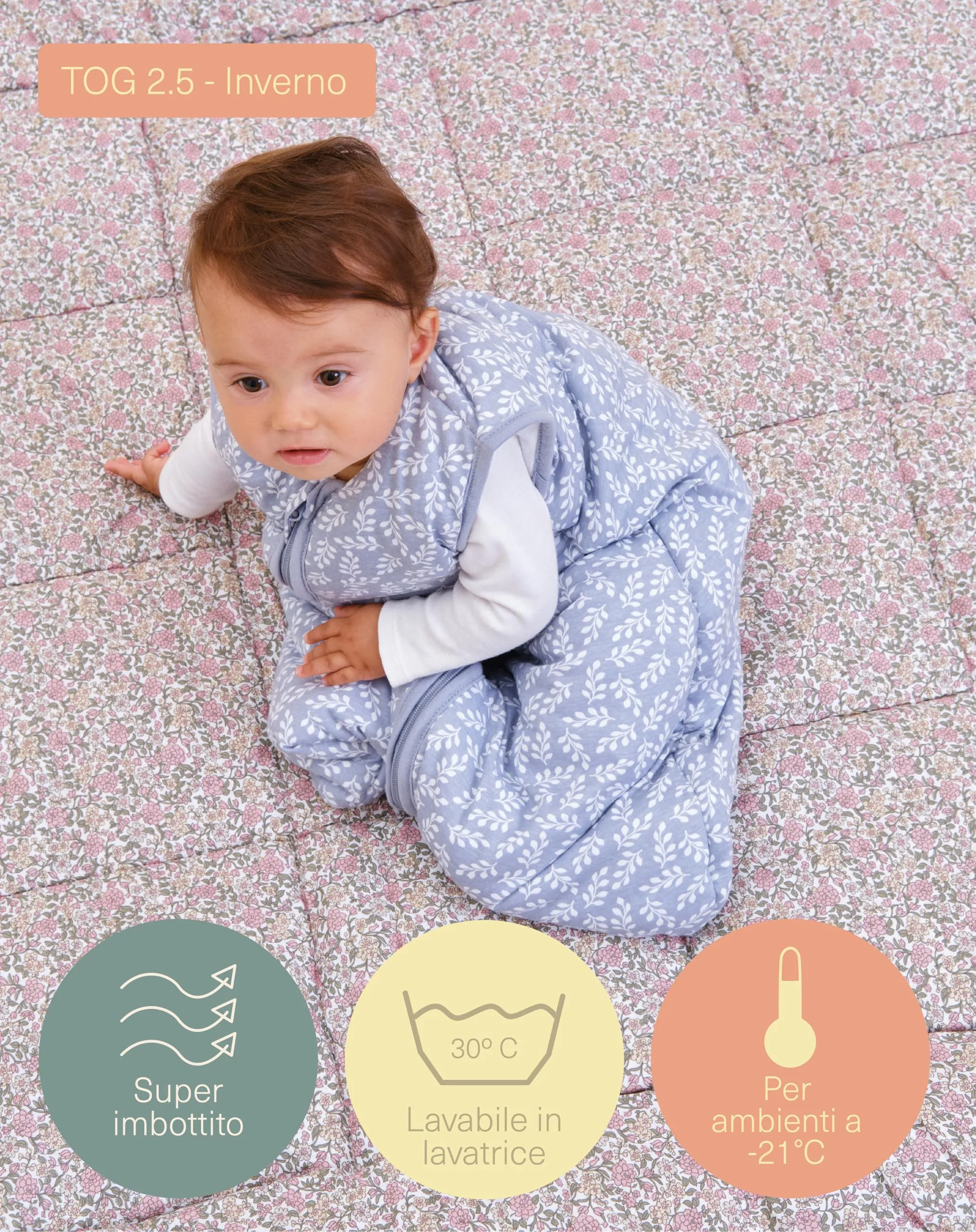 molis&co Sacco Nanna Invernale 2.5 TOG, 100% Cotone Oeko-TEX 100, Blue Garden, 0-6 Mesi - immagine 4