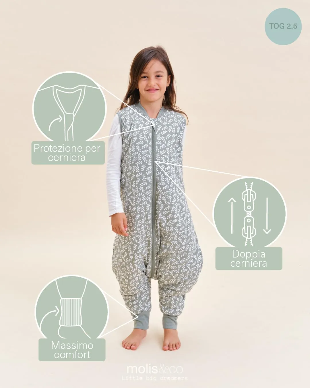 molis & co Sacco Nanna con piedini Invernale 2.5 TOG, 100% Cotone Oeko-TEX 100, Green Garden, 3 anni - immagine 4