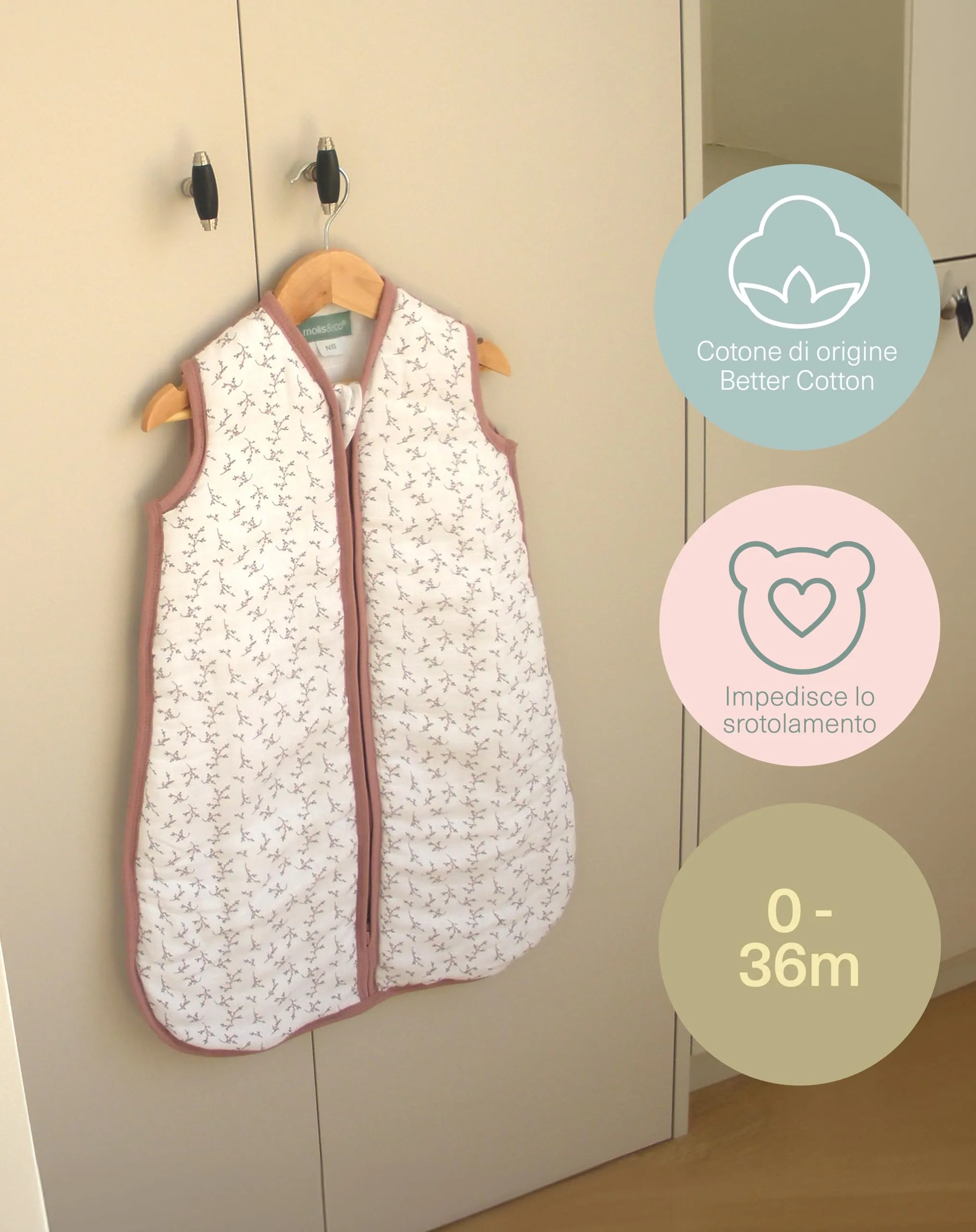 molis & co Sacco Nanna 2.5 TOG Imbottito Invernale Mussola Premium 18-36 Mesi 95 cm - Floral Pink - immagine 5