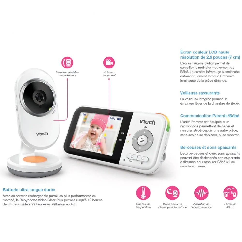 VTech BM3254 Videomonitor per Bambini con Schermo LCD 2,8 pollici, Luce Notturna e Comunicazione Bidirezionale, Bianco - immagine 3