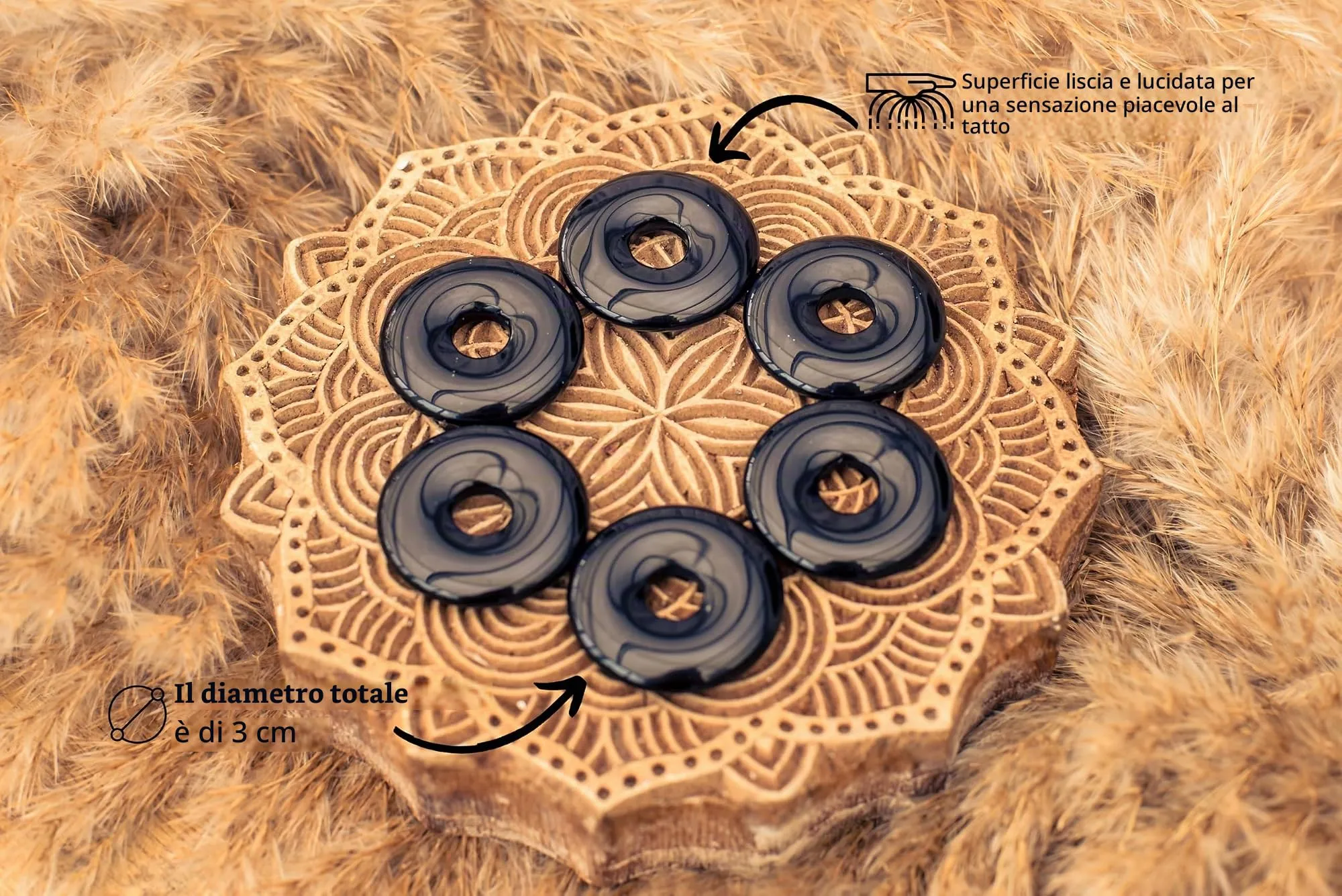 Lebensquelle Plus Donut in Ossidiana 30 mm con Cordoncino in Cotone e Scheda Pietra - immagine 3