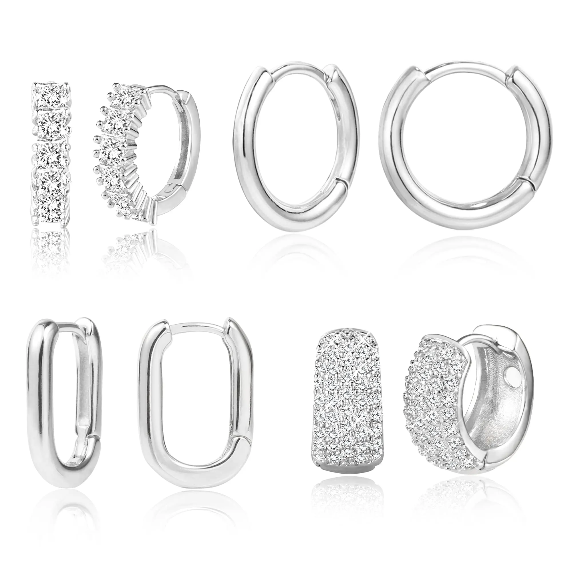ALEXCRAFT Set 4 Paia Orecchini a Cerchio Huggie Placcati Oro Bianco e Argento con Zirconi - immagine 1