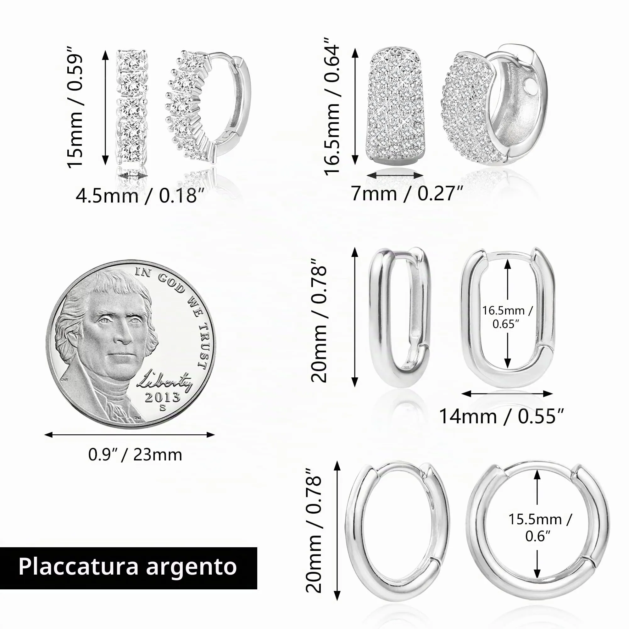 ALEXCRAFT Set 4 Paia Orecchini a Cerchio Huggie Placcati Oro Bianco e Argento con Zirconi - immagine 7