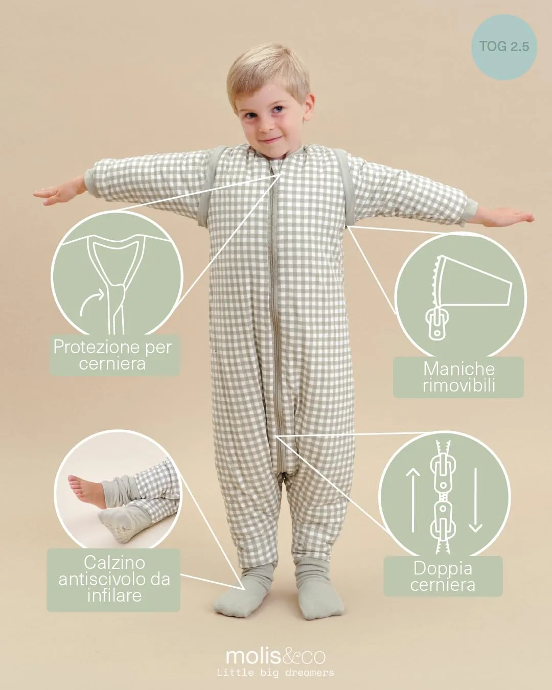 molis & co Sacco Nanna con piedini, maniche staccabili e calzini, 2.5 tog, 100% Cotone Oeko-Tex 100, Mint tea, 1 anno - immagine 3