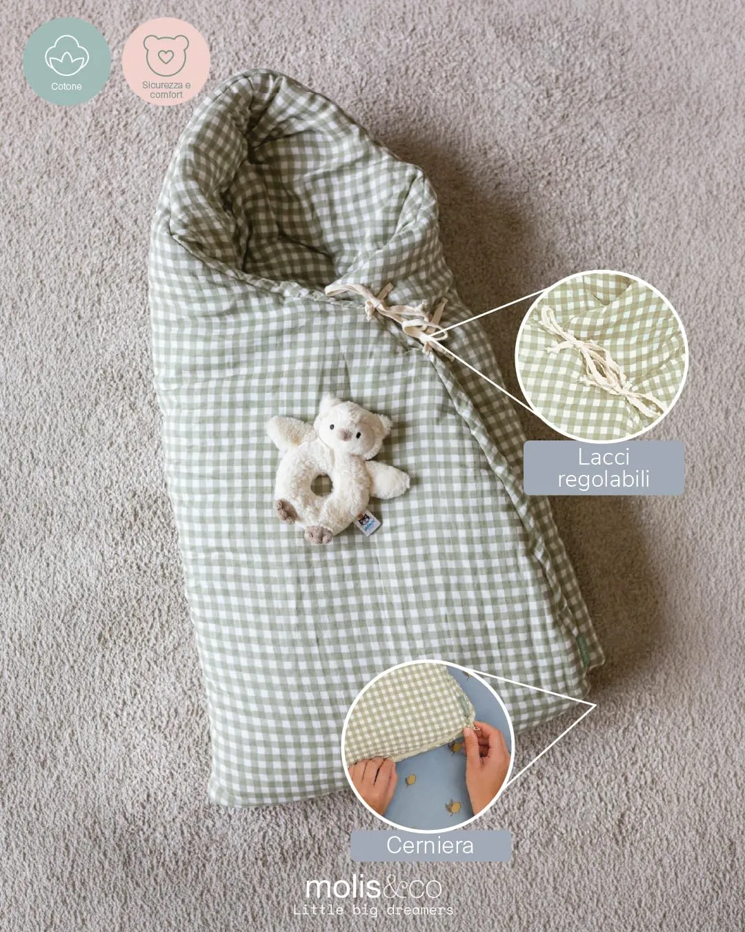 molis&co Sacco Passeggino Invernale TOG 6.5 Universale 100% Cotone OEKO-TEX 100 - Mint Tea - immagine 3