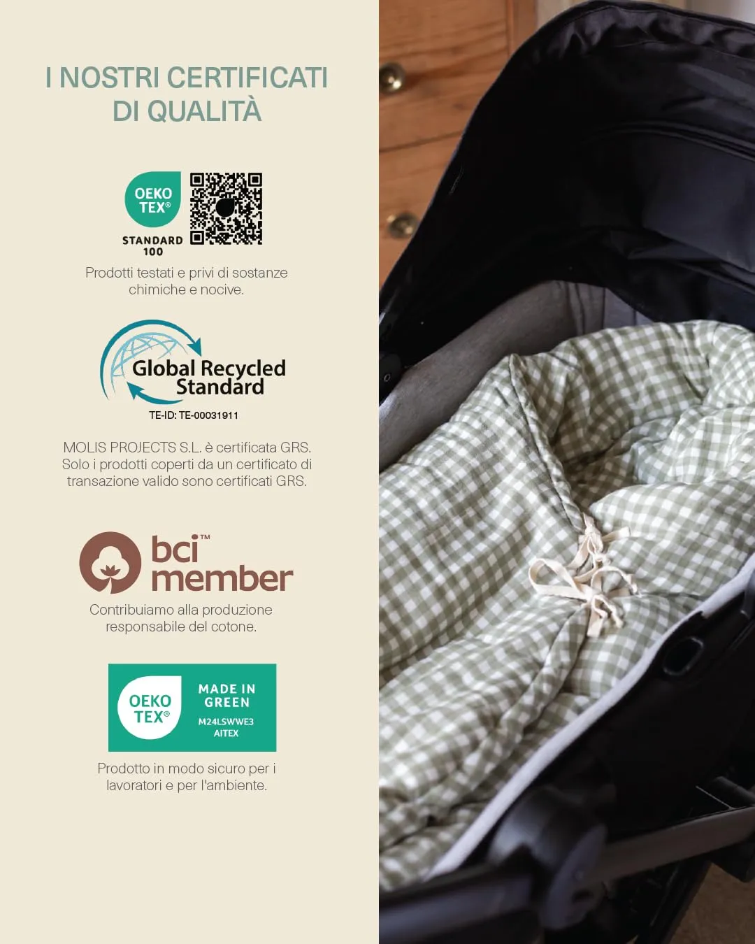 molis&co Sacco Passeggino Invernale TOG 6.5 Universale 100% Cotone OEKO-TEX 100 - Mint Tea - immagine 6