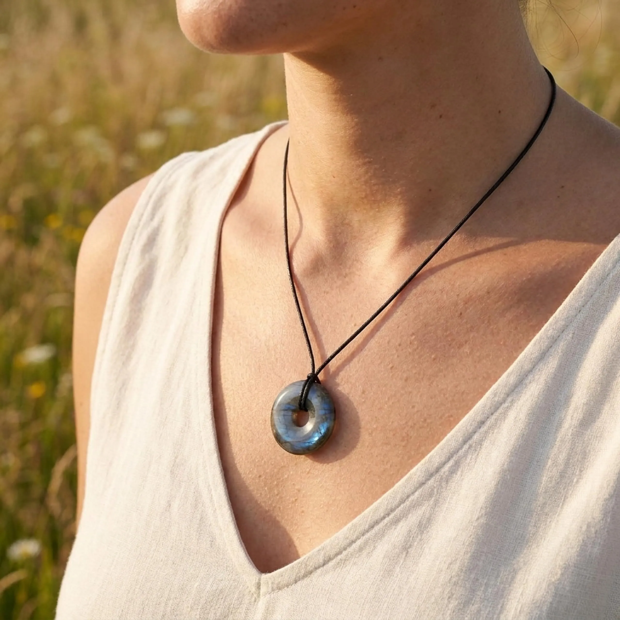 Lebensquelle Plus Labradorite Gemstone Donut 30 mm with Cotton Cord and Info Card - immagine 2