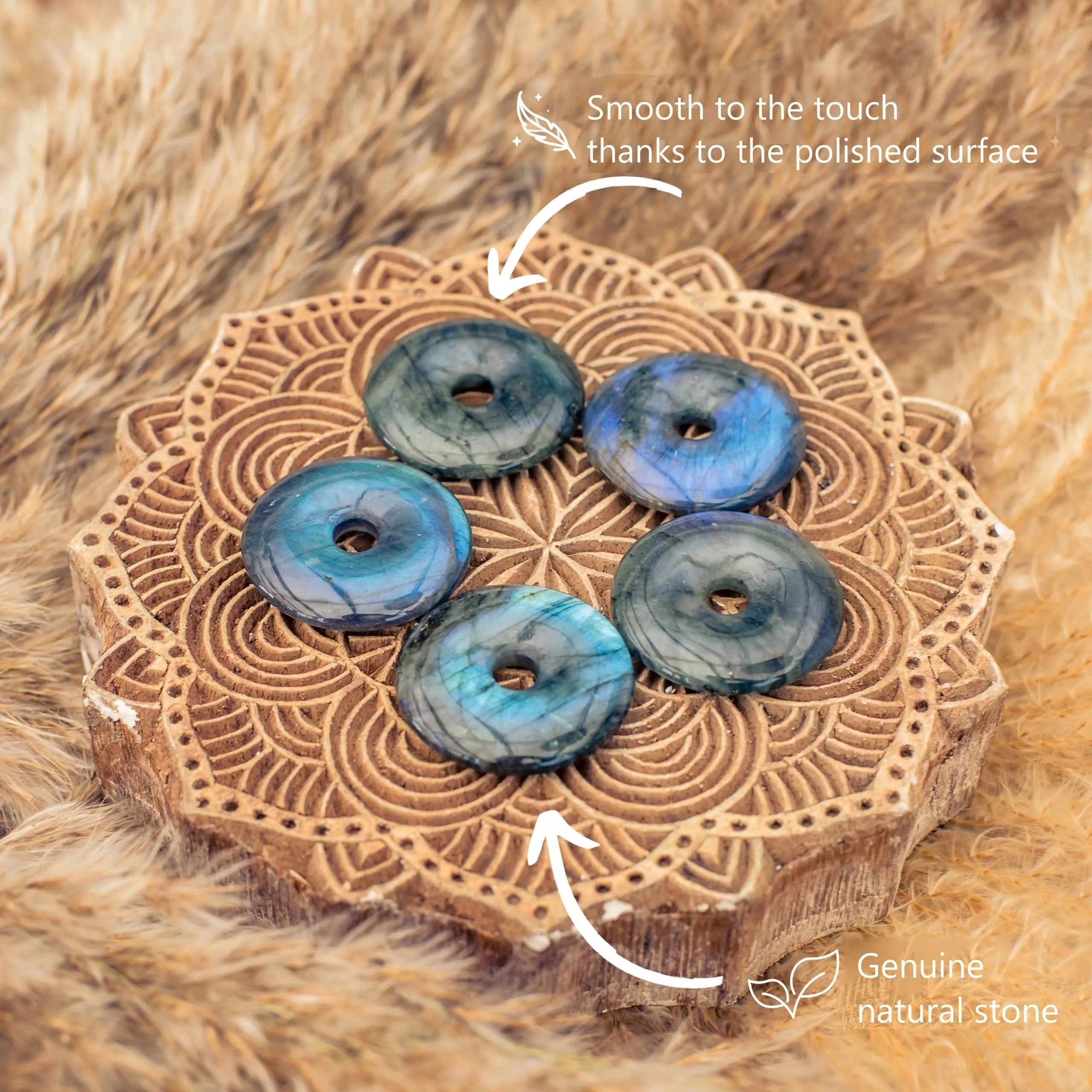Lebensquelle Plus Labradorite Gemstone Donut 30 mm with Cotton Cord and Info Card - immagine 3