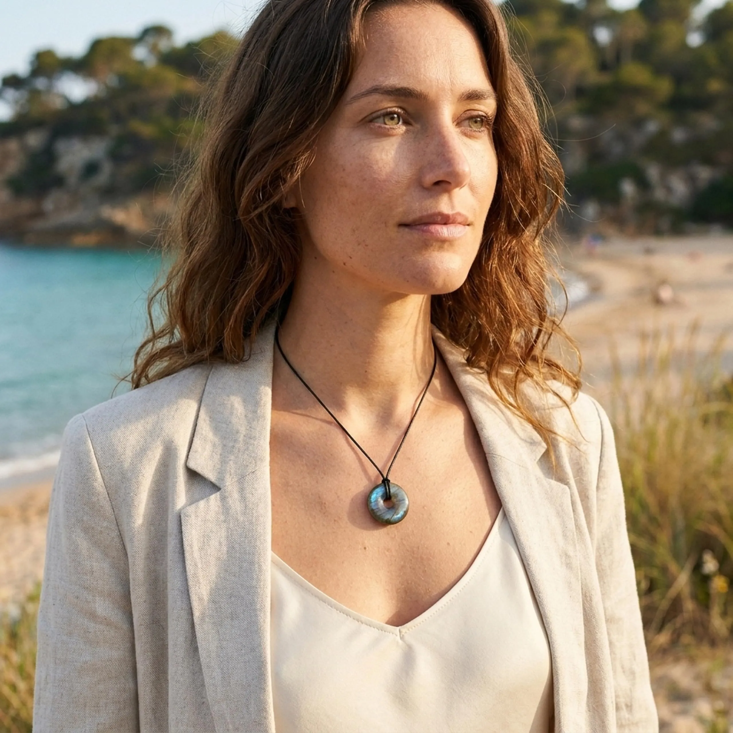 Lebensquelle Plus Labradorite Gemstone Donut 30 mm with Cotton Cord and Info Card - immagine 6