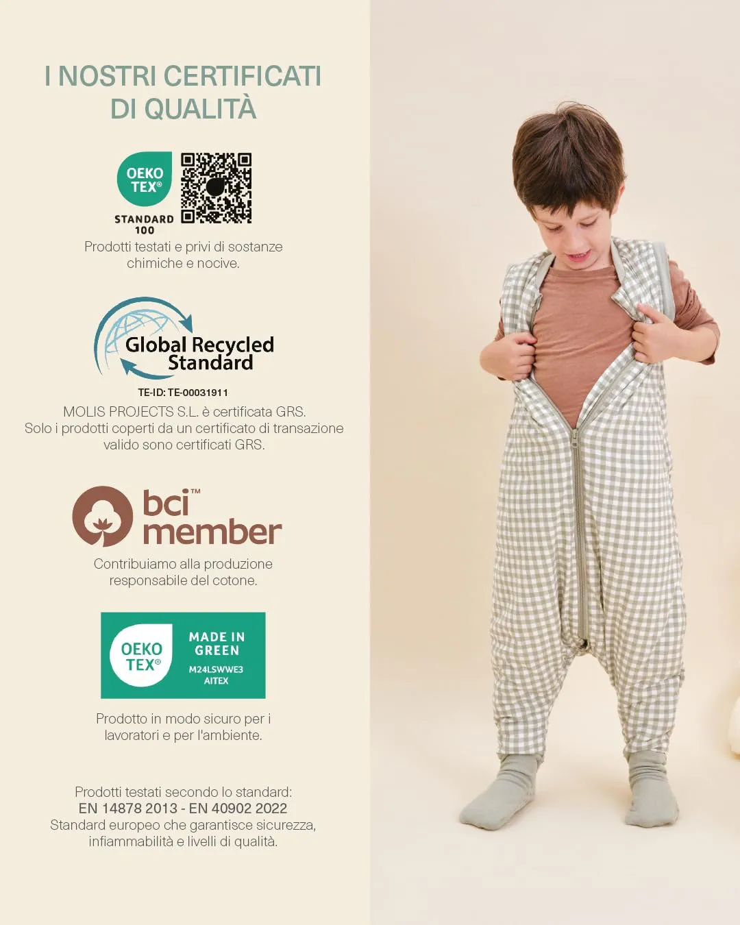 molis & co Sacco Nanna con Piedini, Maniche Staccabili e Calzini, 2.5 TOG, 100% Cotone Oeko-Tex 100, Mint Tea, 2 anni - immagine 7