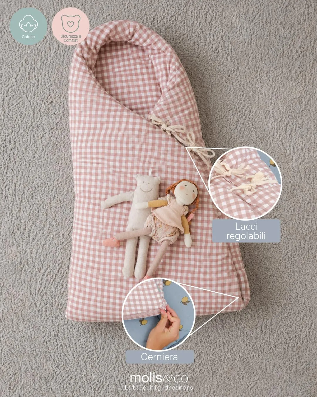 molis&co Sacco Passeggino Invernale Universale TOG 6.5, 100% Cotone OEKO-TEX 100 - Dusty Rose - immagine 3
