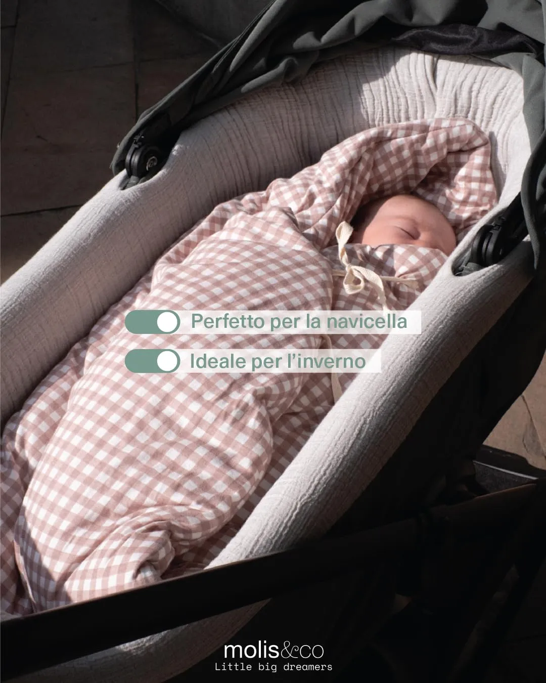 molis&co Sacco Passeggino Invernale Universale TOG 6.5, 100% Cotone OEKO-TEX 100 - Dusty Rose - immagine 4