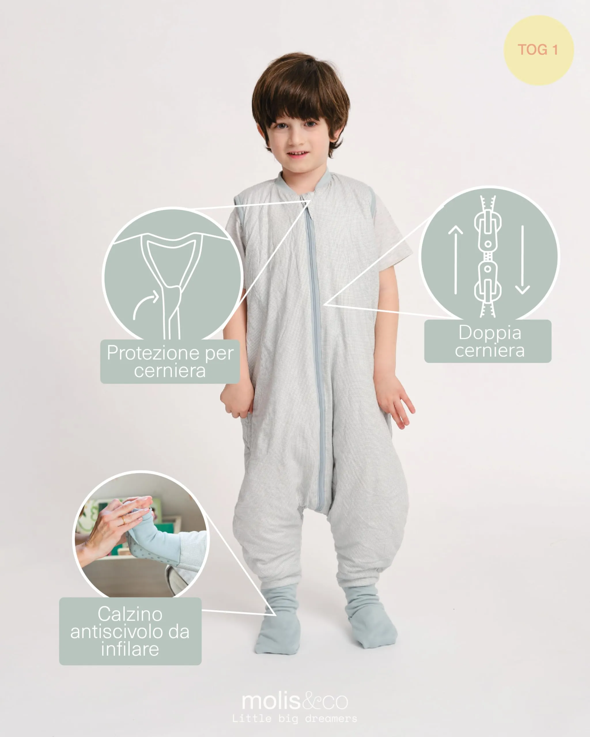 molis&co Sacco Nanna con piedini 1 TOG, 100% Cotone Oeko-TEX 100, Lagoon, 2 anni - immagine 3