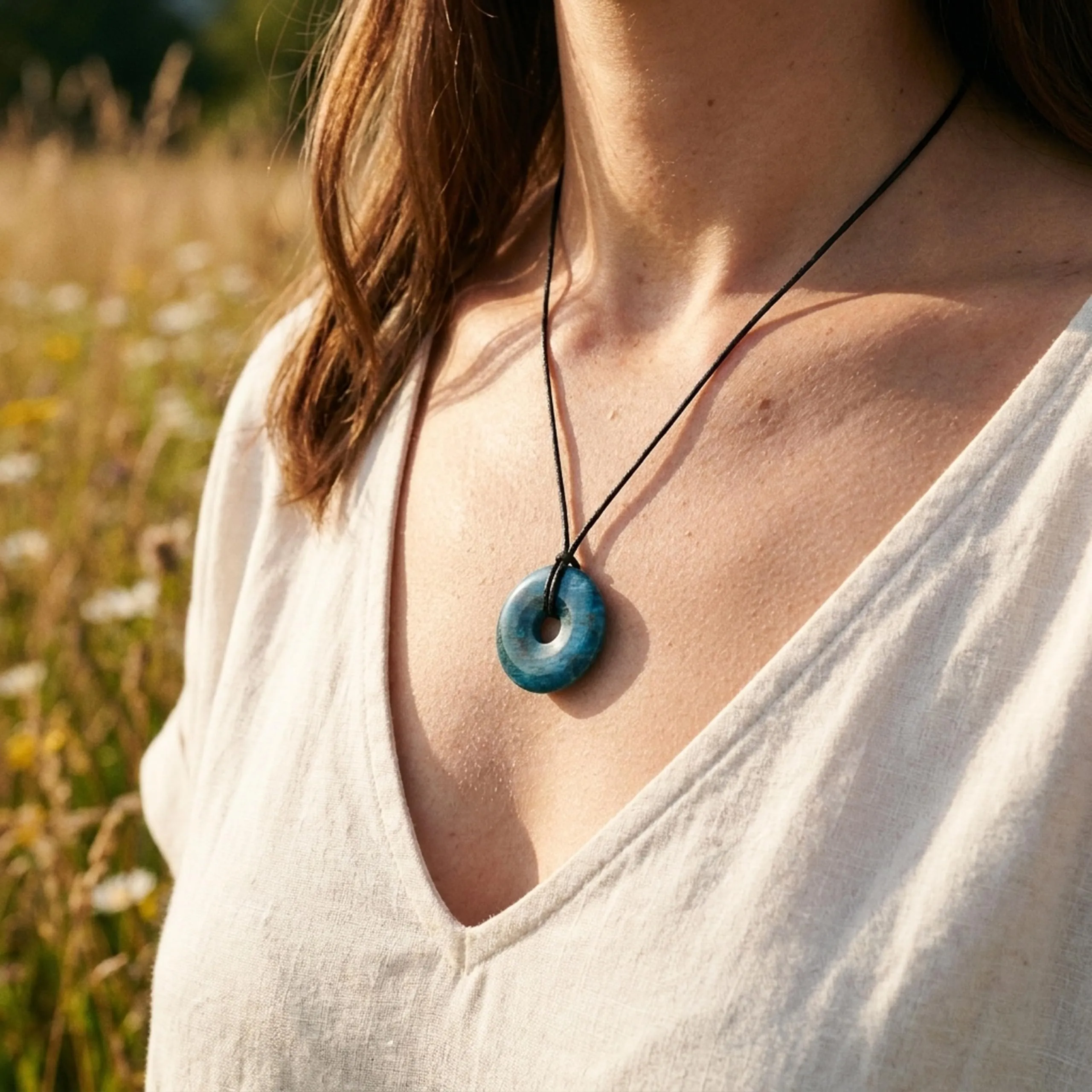 Lebensquelle Plus Apatite Gemstone Donut Necklace 30 mm with Cotton Cord and Stone Info Card - immagine 2
