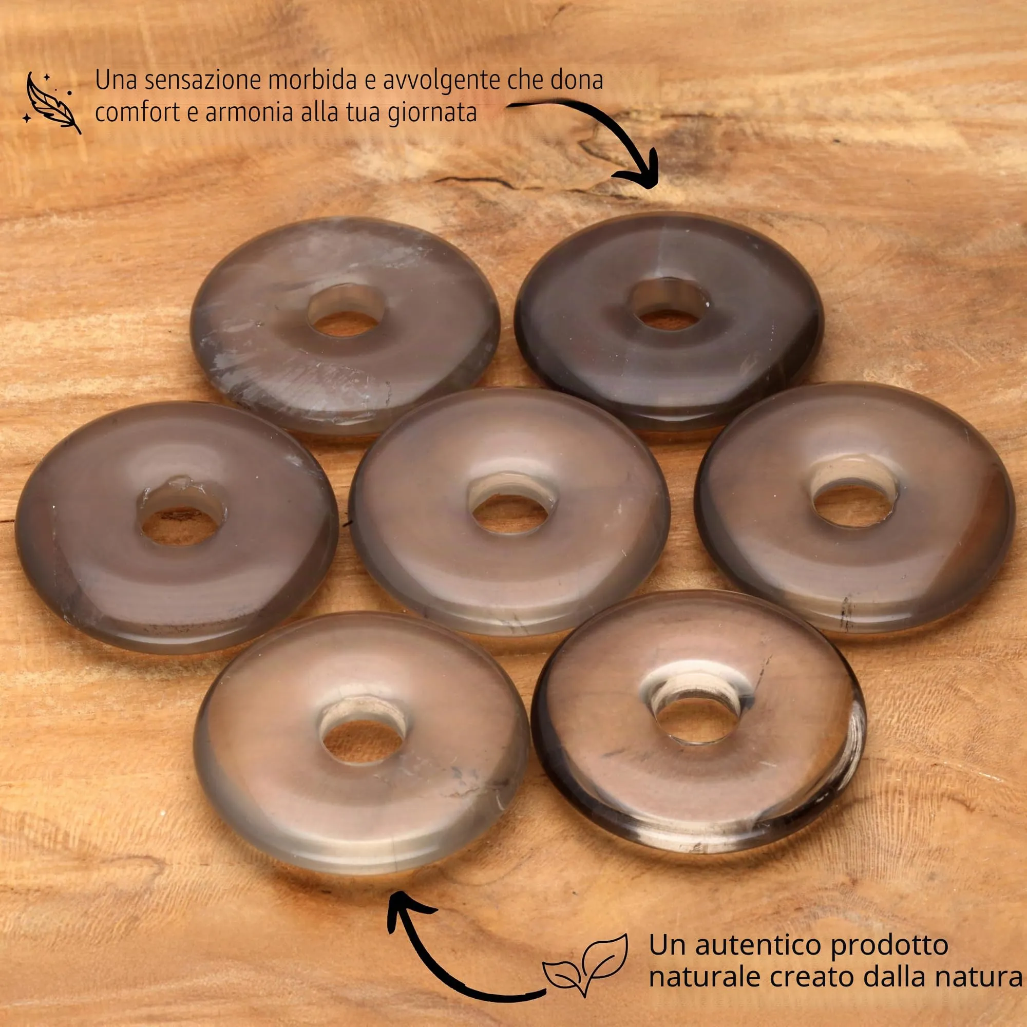 Lebensquelle Plus Donut in Pietra Preziosa Quarzo Fumé 30 mm con Cordoncino in Cotone e Scheda Pietra - immagine 3