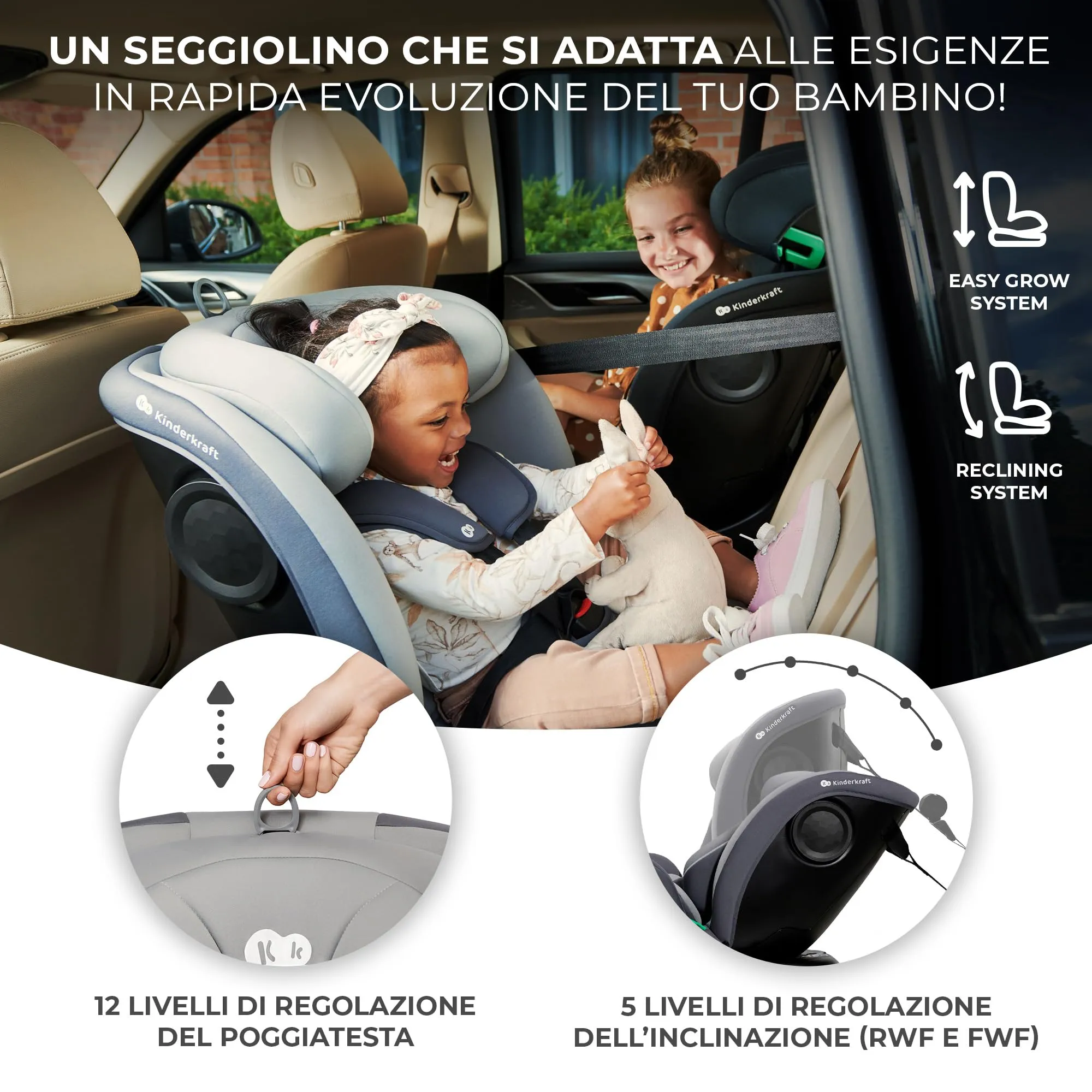 Kinderkraft I-GROW Seggiolino Auto 40-150 cm ISOFIX Girevole 360°, Nero - immagine 7