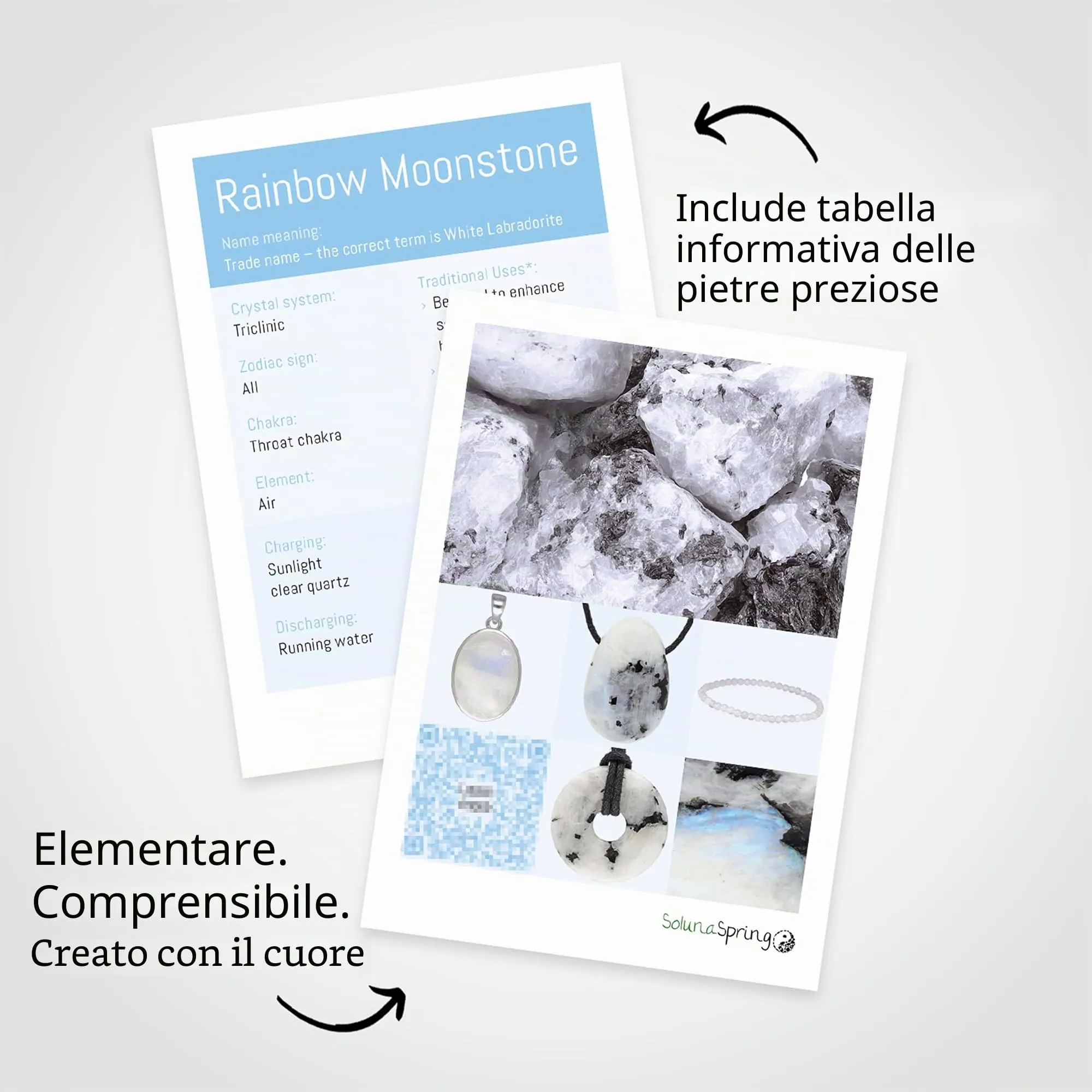 Lebensquelle Plus Rainbow Moonstone Donut Necklace 30 mm with Cotton Cord and Information Card - immagine 4