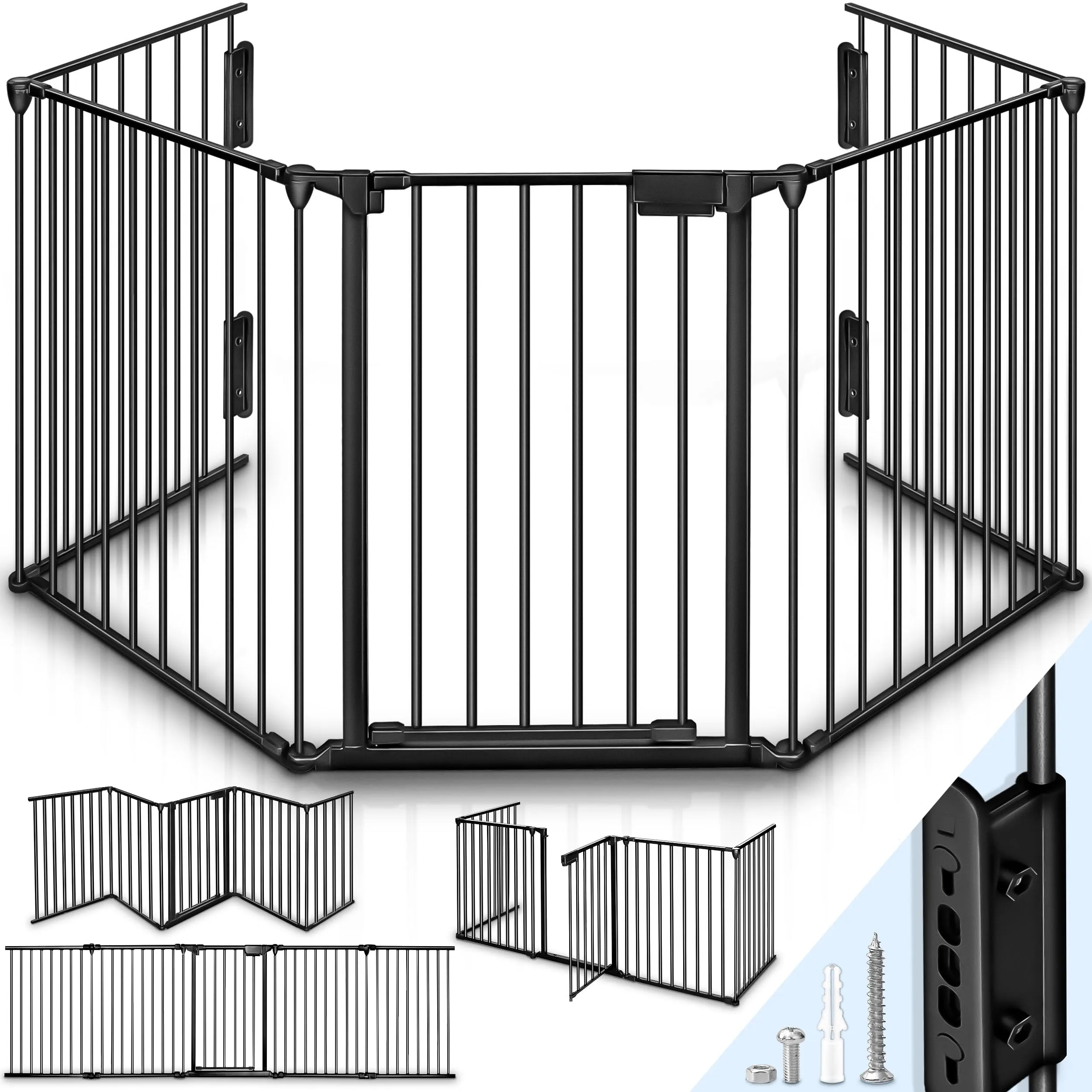 KIDUKU Barriera di Sicurezza per Bambini e Animali, 420 cm, Cancelletto Griglia per Camino, Porte e Scale, 7 Pannelli, Nero - immagine 1