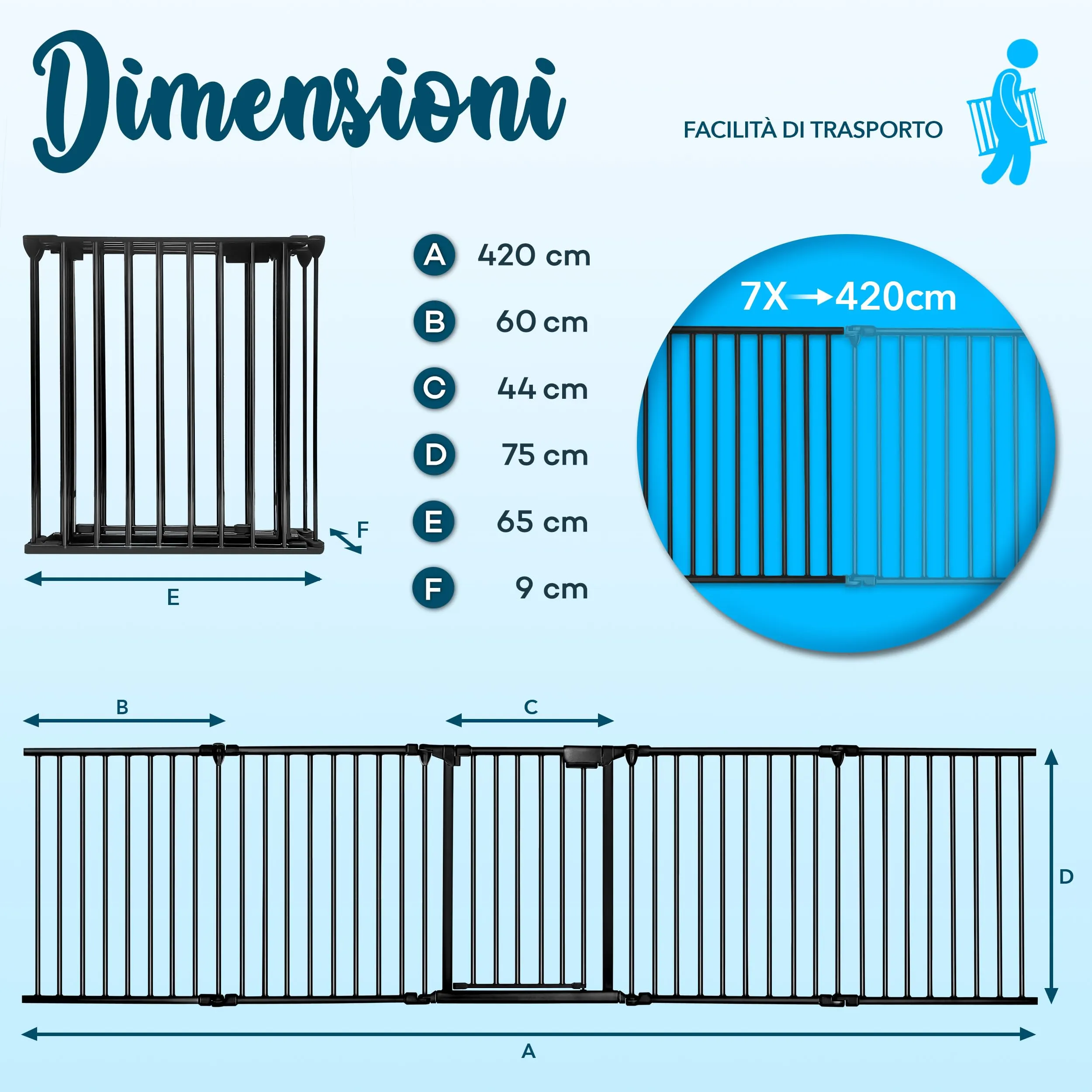 KIDUKU Barriera di Sicurezza per Bambini e Animali, 420 cm, Cancelletto Griglia per Camino, Porte e Scale, 7 Pannelli, Nero - immagine 5