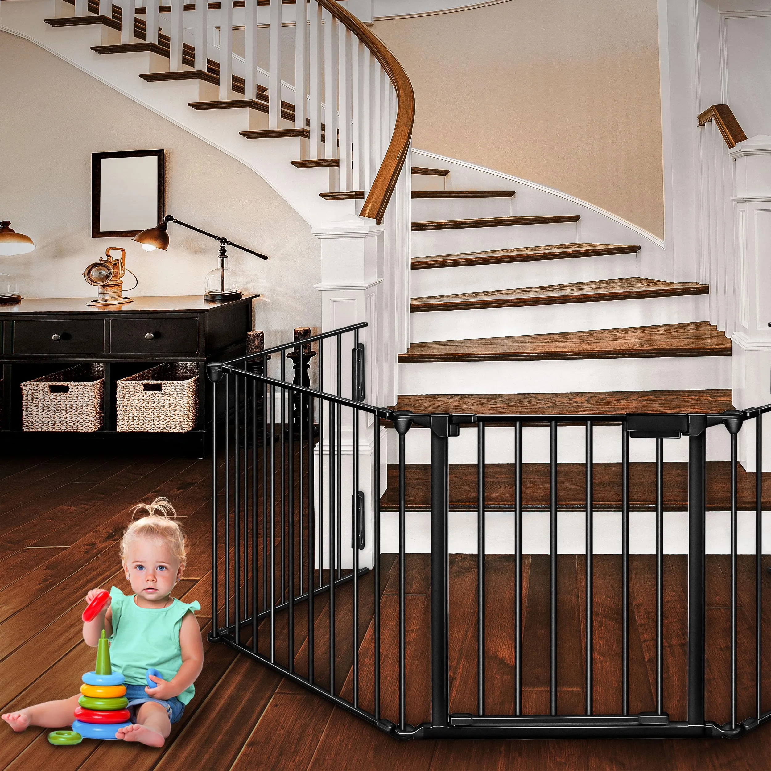 KIDUKU Barriera di Sicurezza per Bambini e Animali, 420 cm, Cancelletto Griglia per Camino, Porte e Scale, 7 Pannelli, Nero - immagine 7