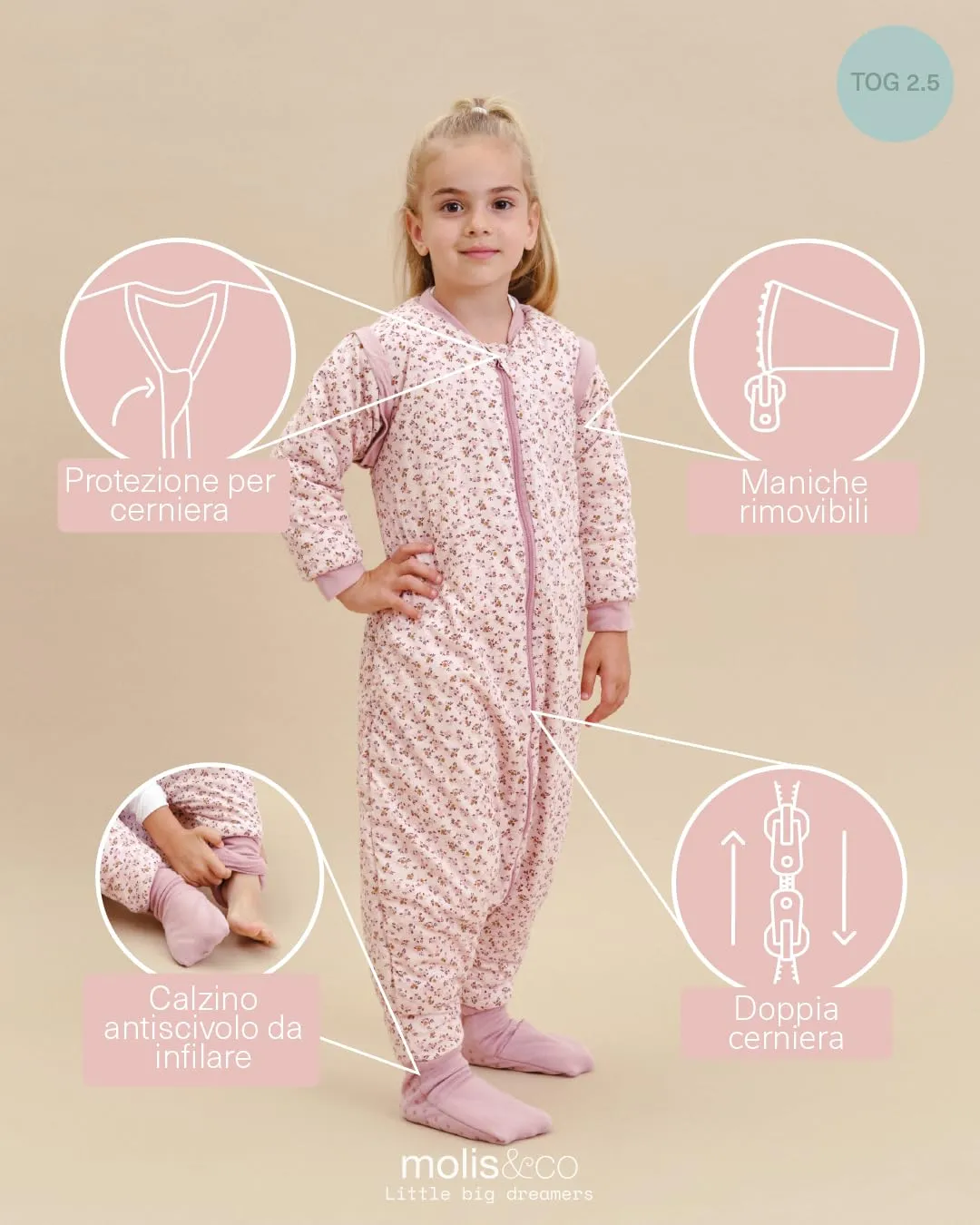 molis & co Sacco Nanna con piedini, maniche staccabili e calzini, 2.5 TOG, 100% Cotone Oeko-Tex 100, Misty Rose, 1 anno - immagine 3