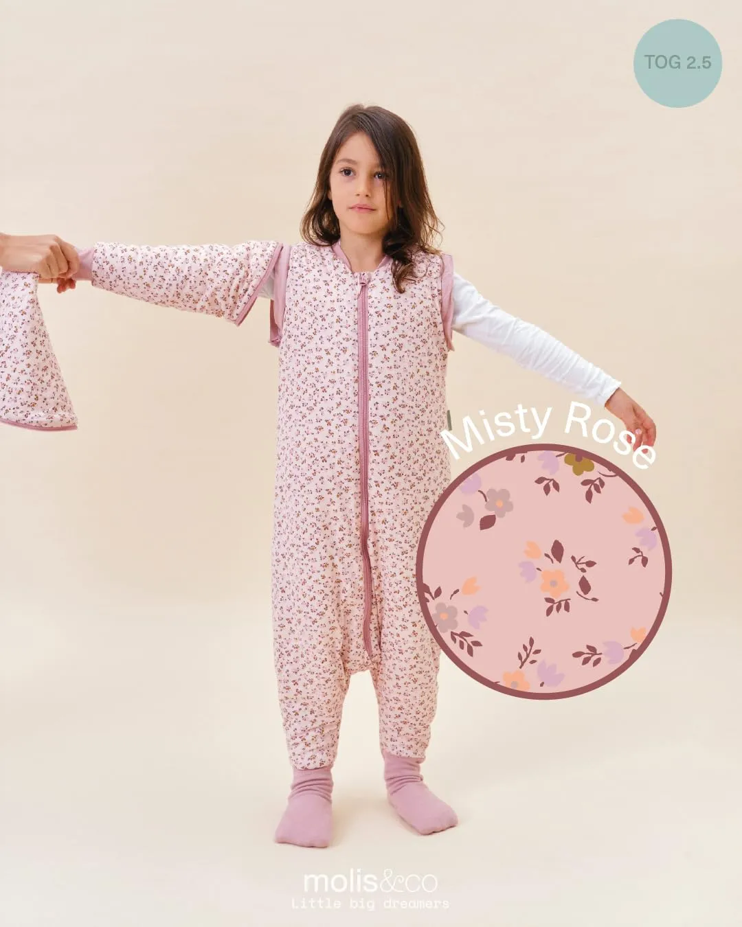 molis&co Sacco Nanna con piedini, maniche staccabili e calzini, 2.5 TOG, 100% Cotone Oeko-TEX 100 (Misty Rose, 2 anni) - immagine 4