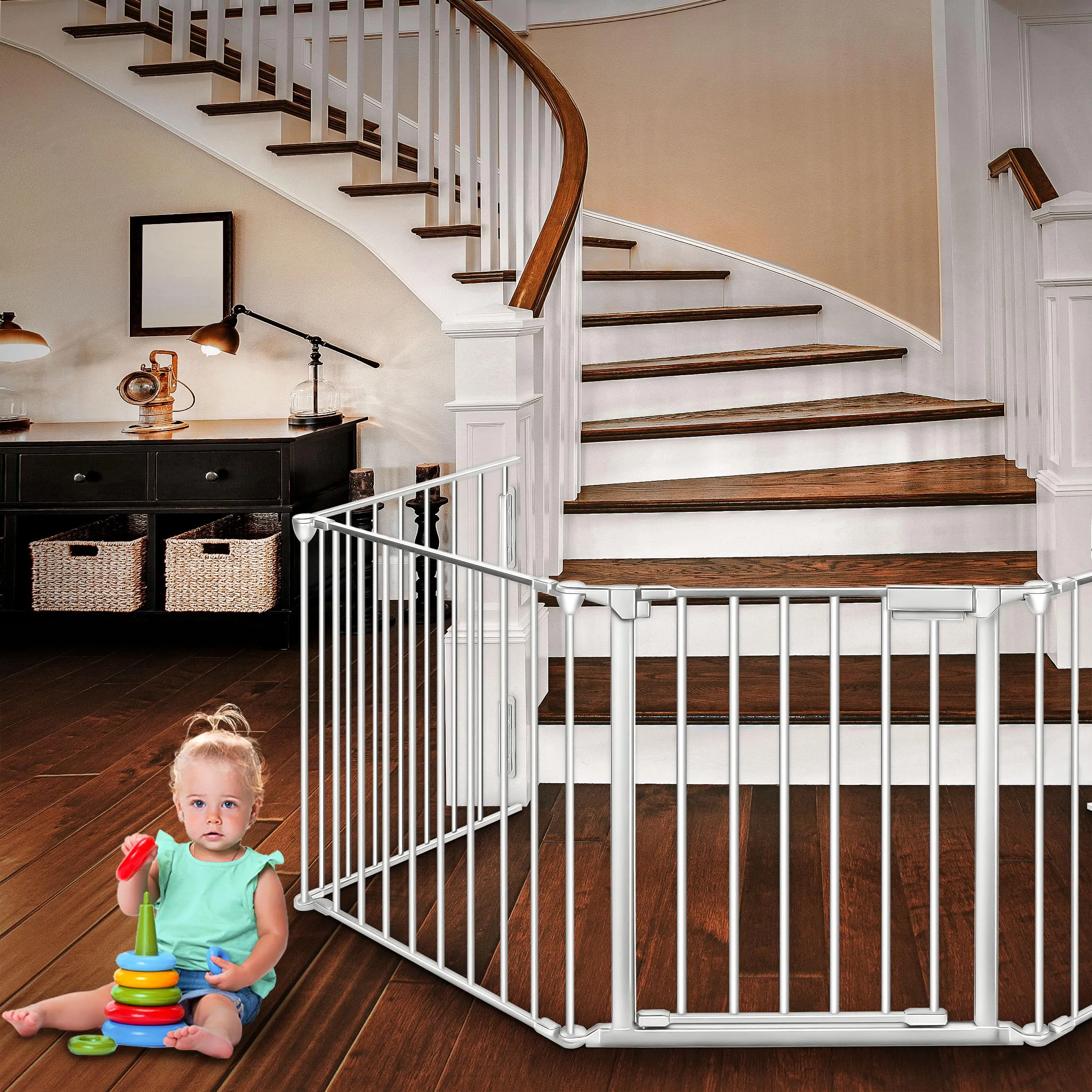 KIDUKU Barriera di Sicurezza per Bambini e Animali, 540 cm, Cancelletto Griglia per Camino, Porte e Scale, 9 Pannelli - immagine 7