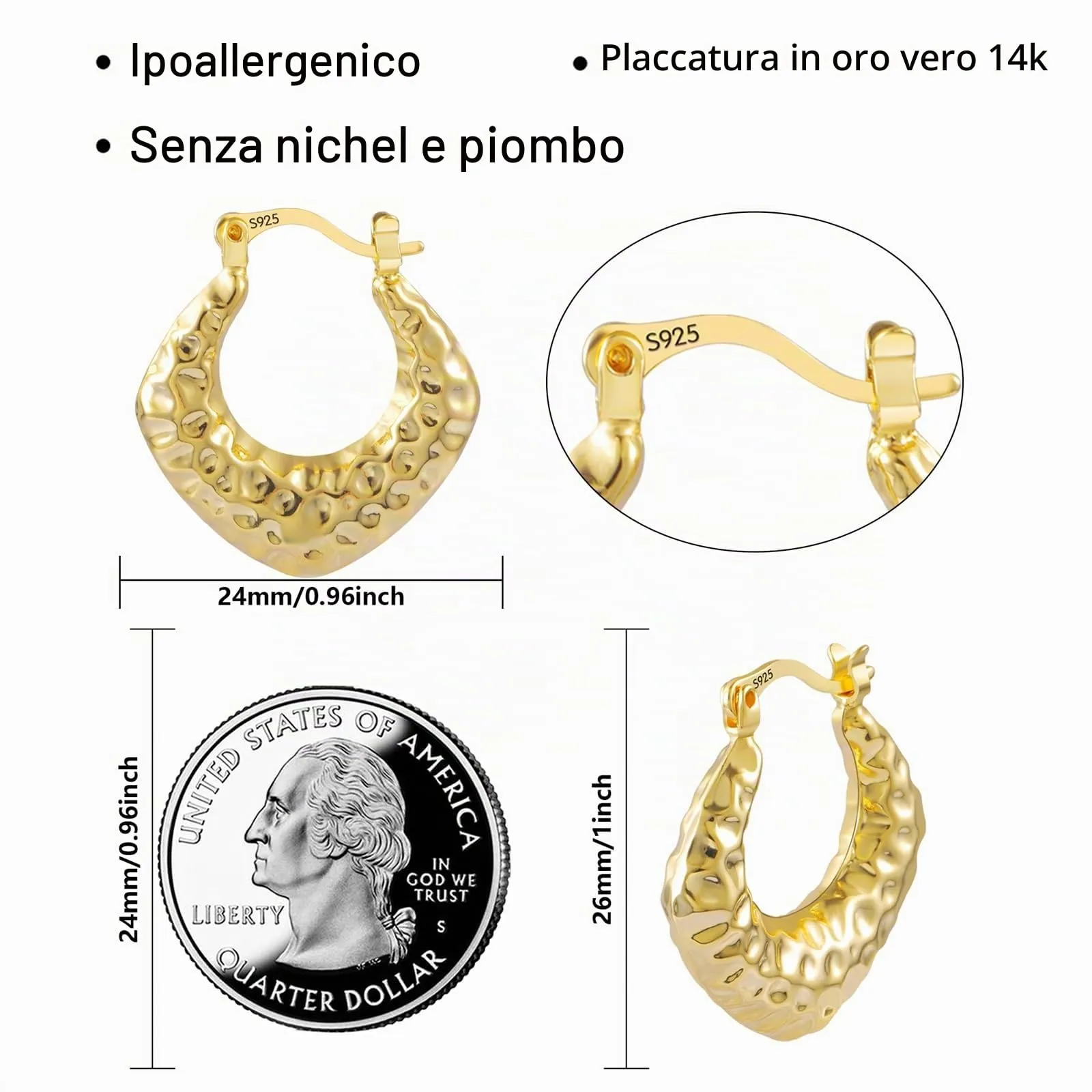 KISSPAT Orecchini a Cerchio Piccoli Spessi Oro Martellato con Argento 925 - immagine 6