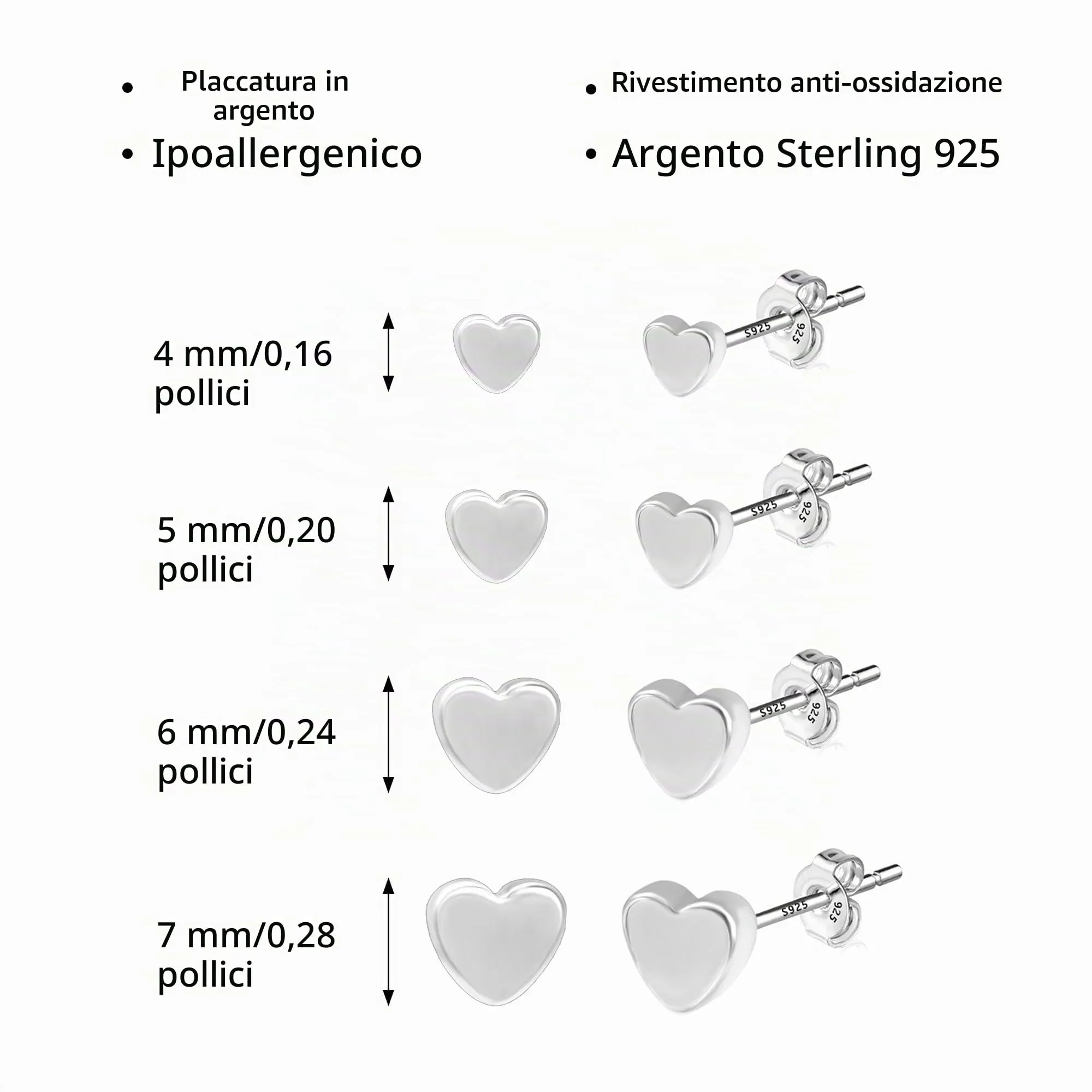 ALEXCRAFT Set 4 Paia Orecchini Cuore Argento Minimalista SCEU164S - immagine 4