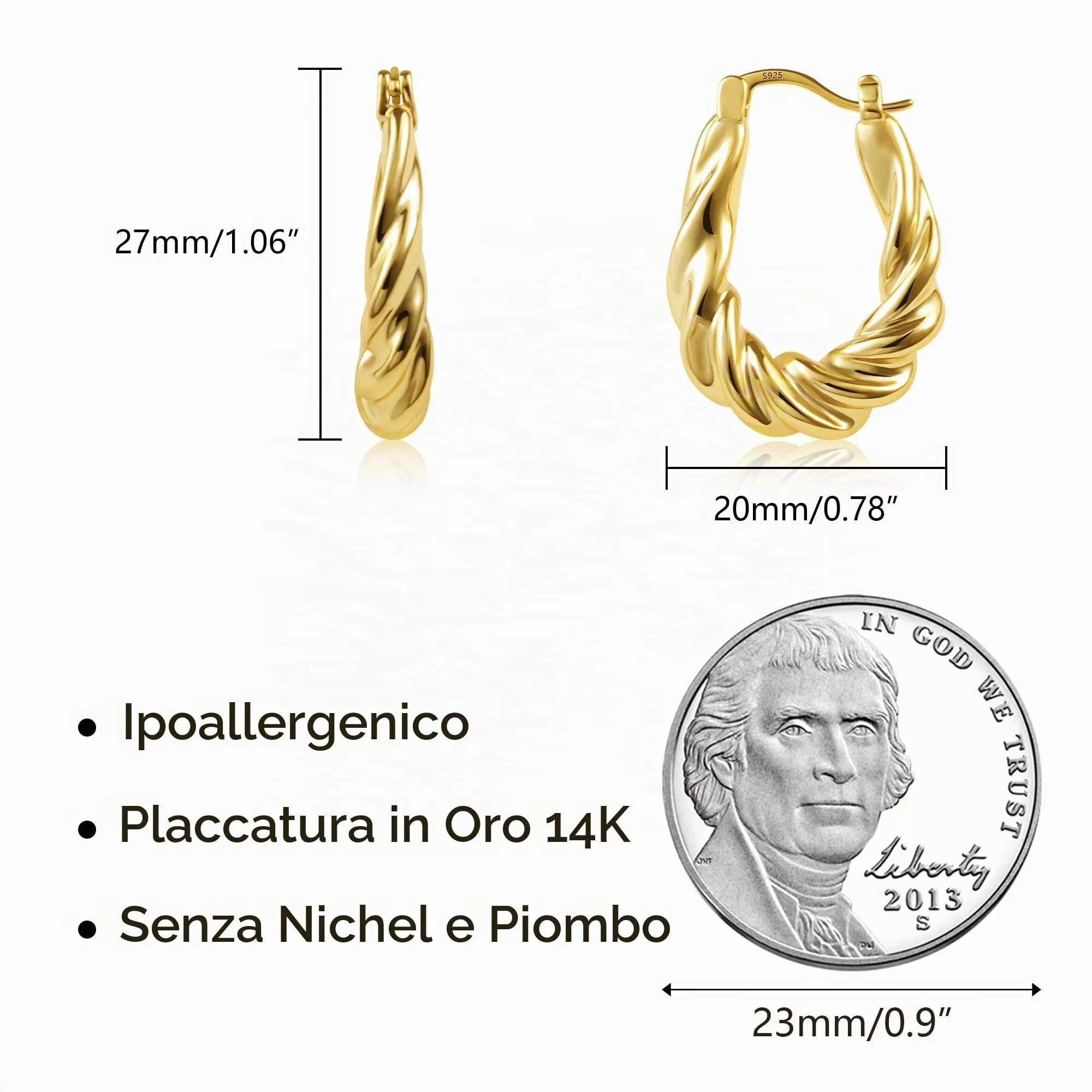 KISSPAT Orecchini a Cerchio Ovali Intrecciati Chunky in Oro 14K, 20 mm - immagine 5