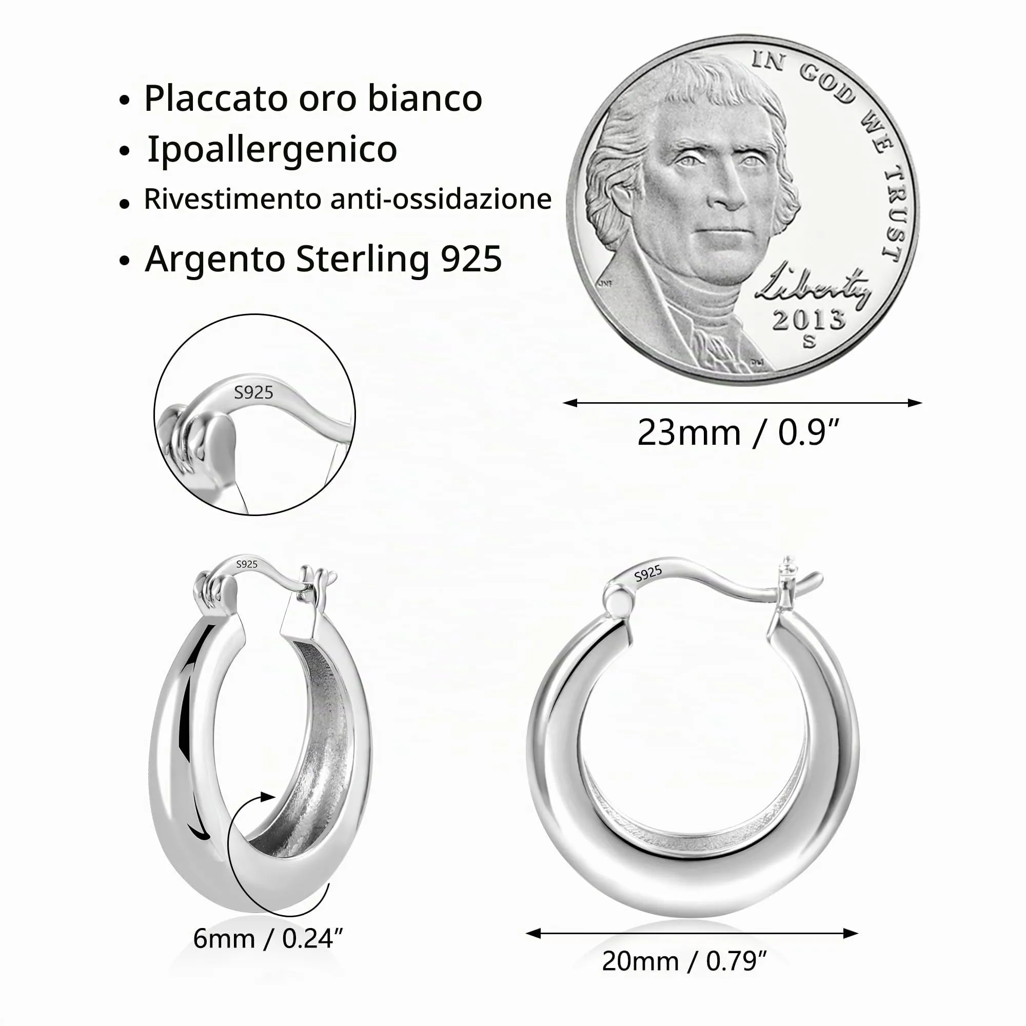 KISSPAT Orecchini a Cerchio Spessi in Argento KPDE820S, 6mm - immagine 7