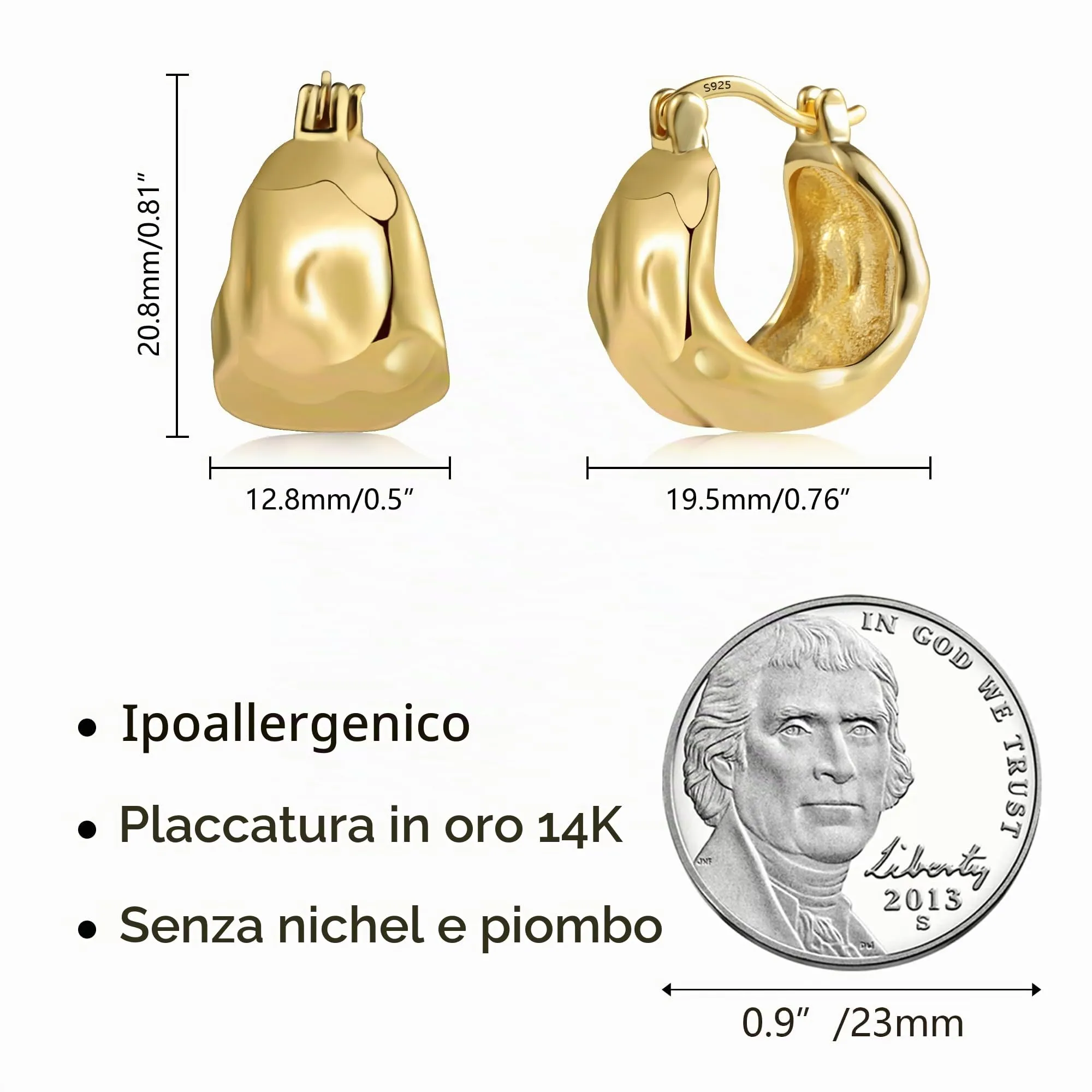 KISSPAT Orecchini a Cerchio Chunky in Oro 14K Ipoallergenici, 19.5 mm - immagine 6