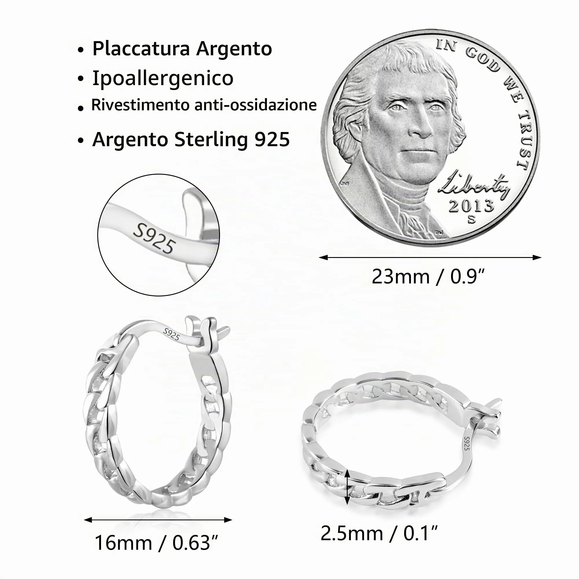 KISSPAT Orecchini Huggie Hoop a Catena in Argento, 15 mm, Ipoallergenici - immagine 7