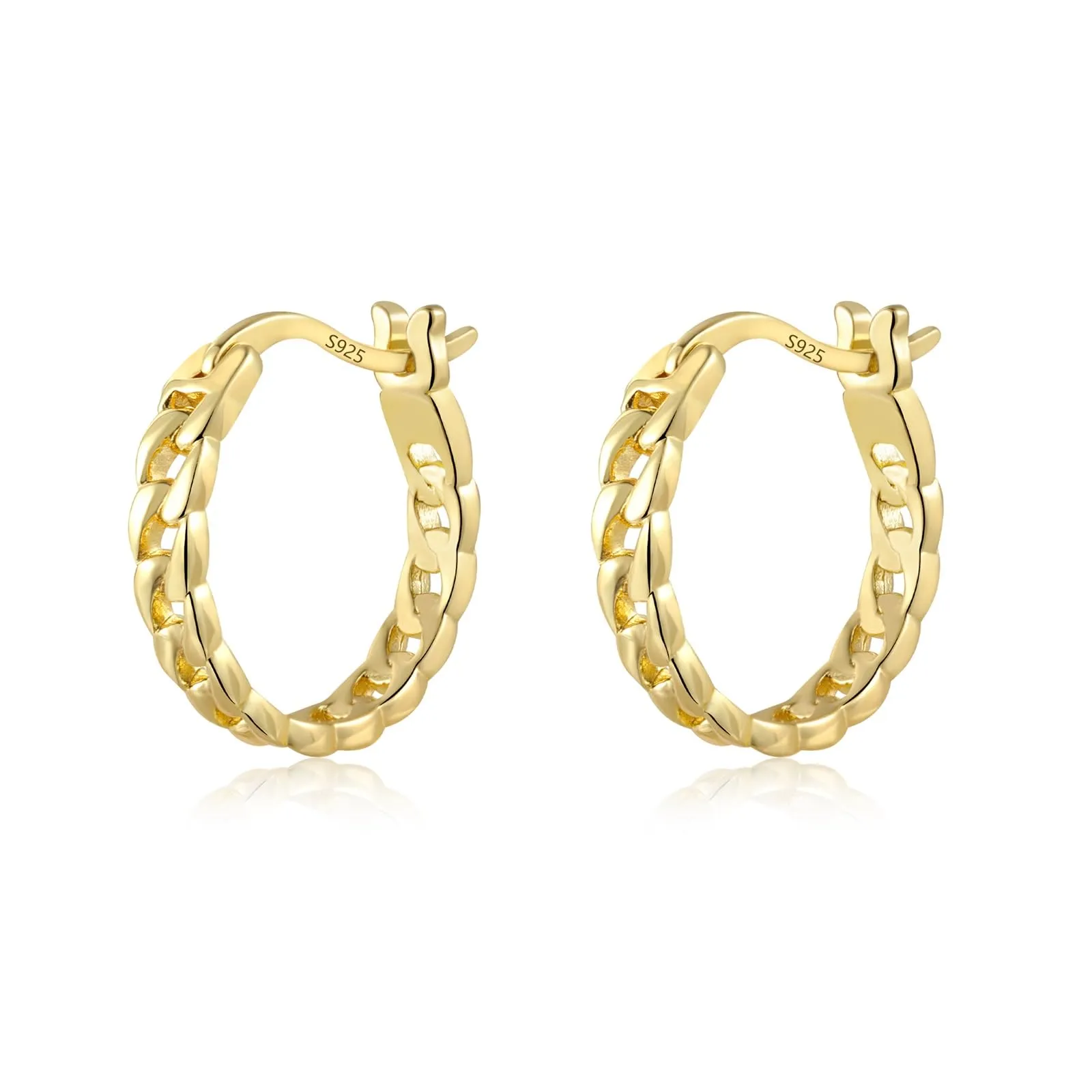 KISSPAT Orecchini a Cerchio Huggie con Catena in Ottone Placcato Oro 14k, 15mm, KPDE830G - immagine 2