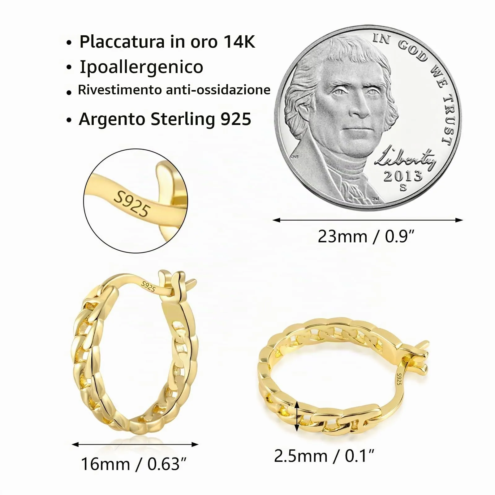 KISSPAT Orecchini a Cerchio Huggie con Catena in Ottone Placcato Oro 14k, 15mm, KPDE830G - immagine 7