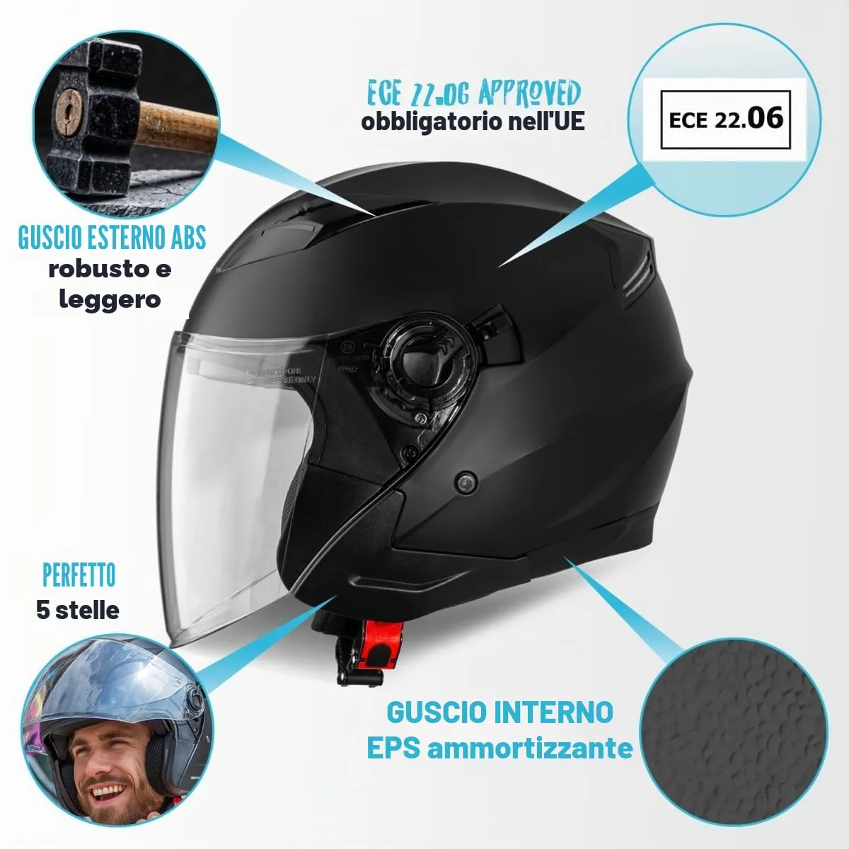 Vinz Calobra Casco Jet Doppia Visiera ECE 22.06 - Nero opaco - immagine 4