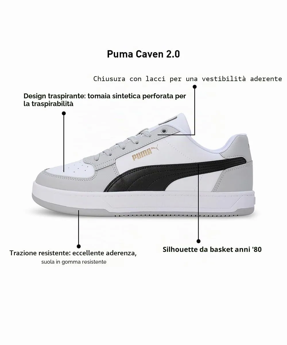Puma Caven 2.0 Unisex Sneakers, White Black Ash Gray Gold, 40.5 EU - immagine 8