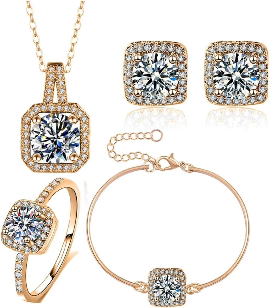 TOEECY Set Gioielli Cristallo Quadrato - Collana, Orecchini, Bracciale e Anello - Argento - immagine 1