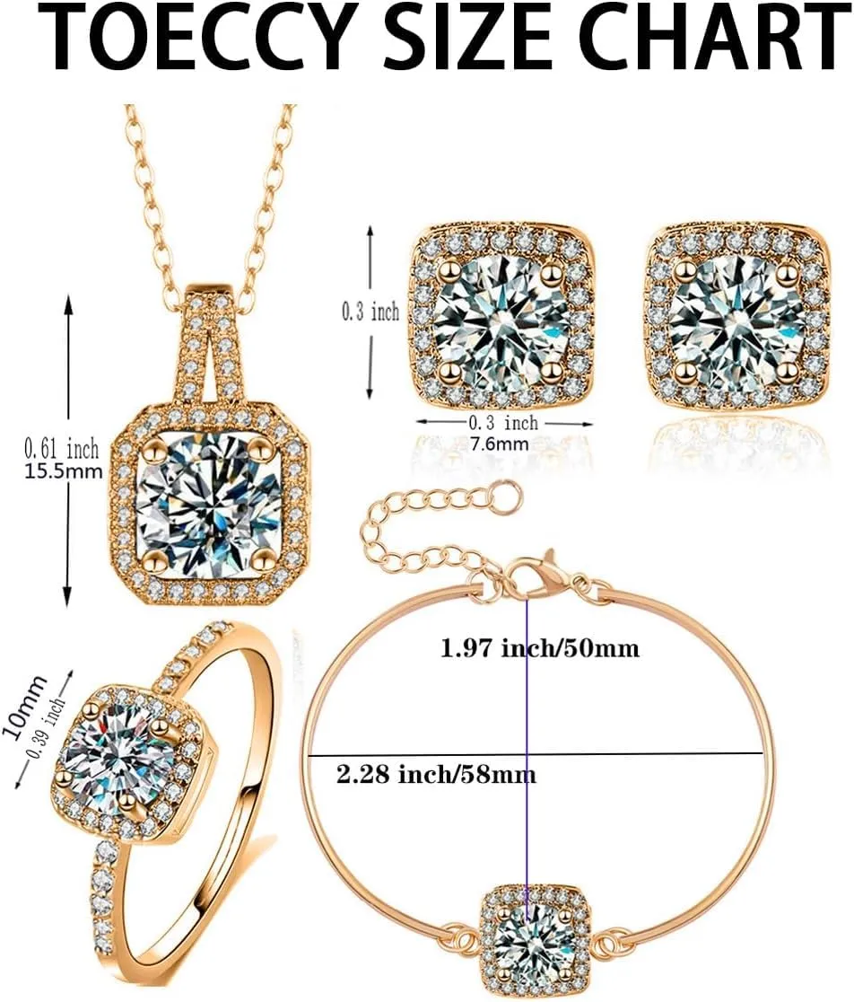 TOEECY Set Gioielli Cristallo Quadrato - Collana, Orecchini, Bracciale e Anello - Argento - immagine 3