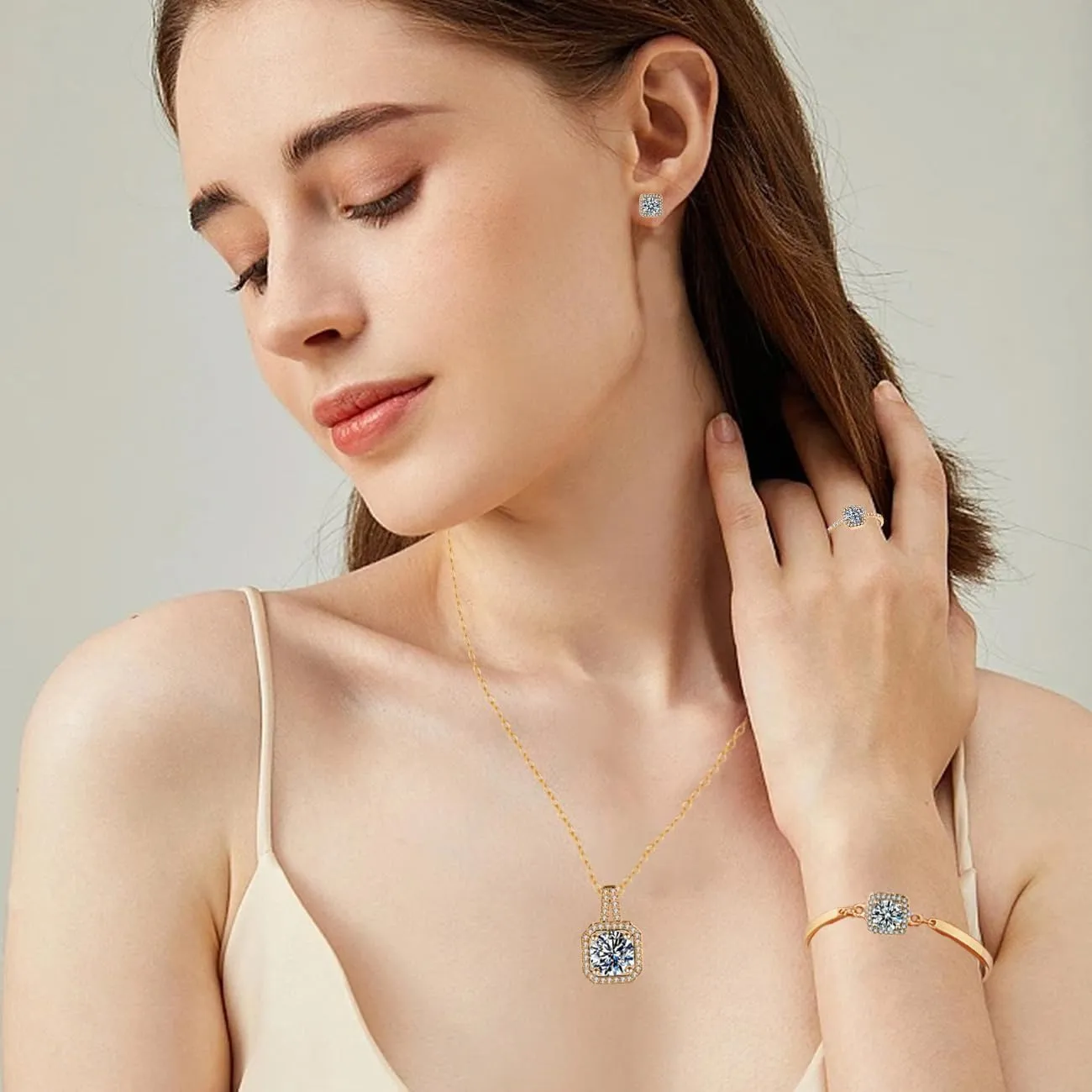 TOEECY Set Gioielli Cristallo Quadrato - Collana, Orecchini, Bracciale e Anello - Argento - immagine 6