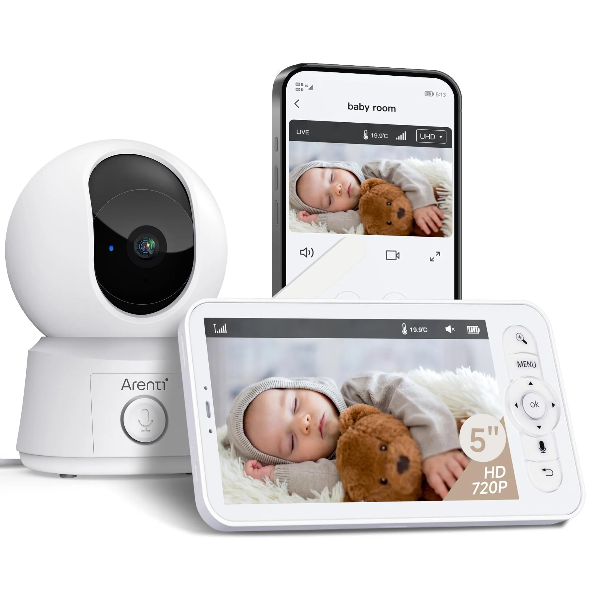 ARENTI Baby Monitor WiFi 5'' 360° PTZ con Monitor, Video e Audio Bidirezionale, Visione Notturna, Modalità VOX e Rilevazione Temperatura - immagine 1